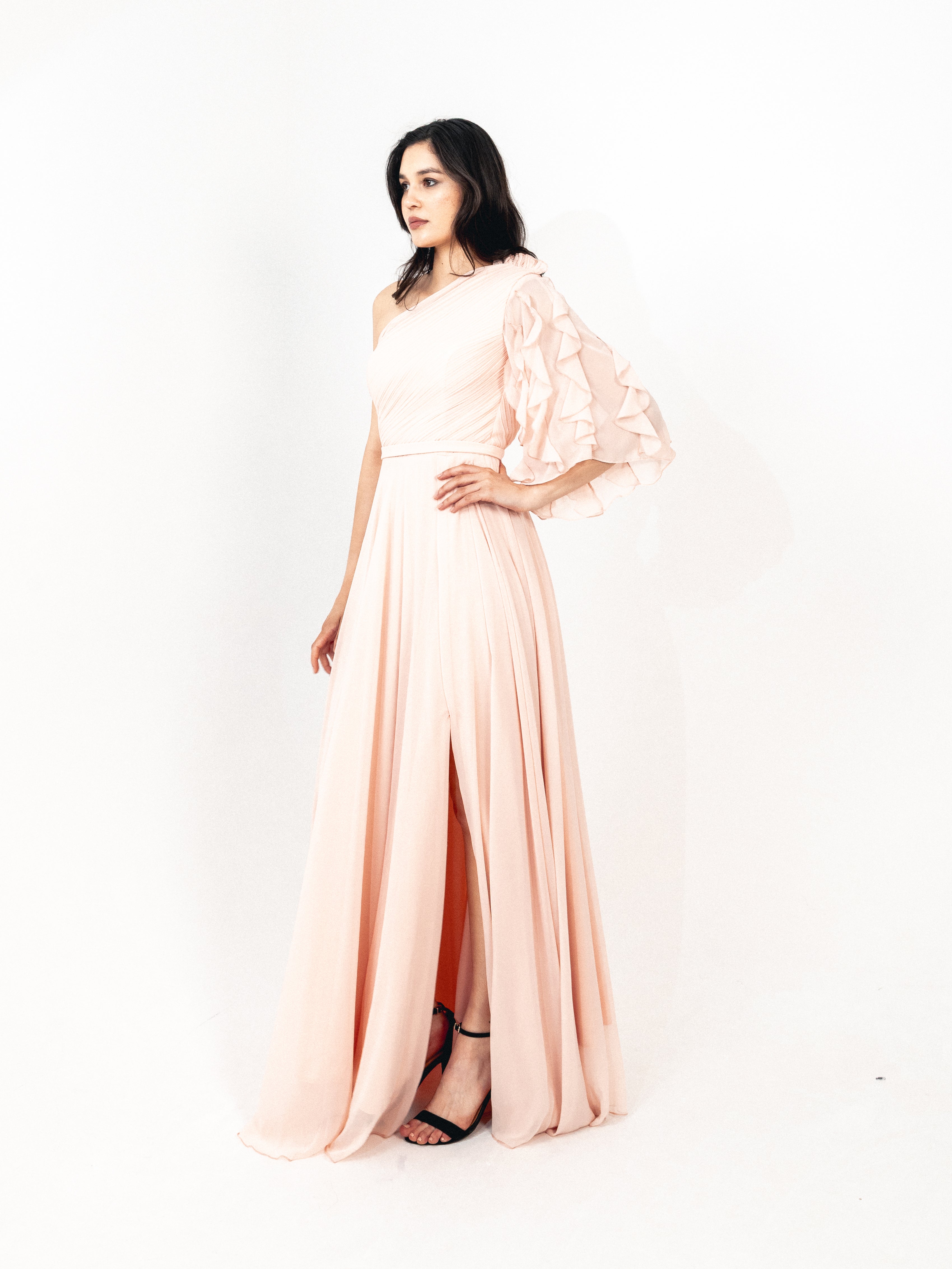 One shoulder chiffon dress with slit in SIMON