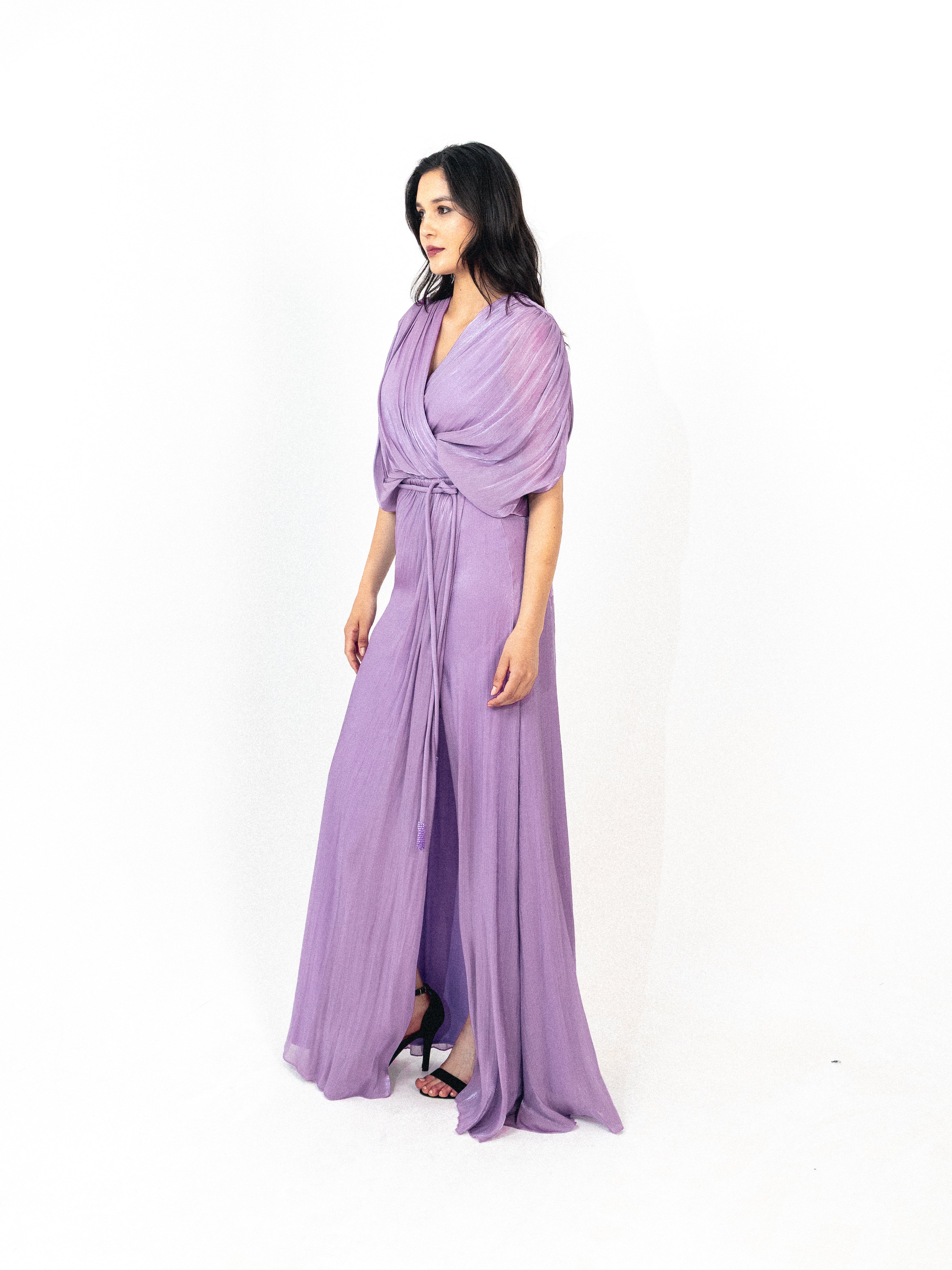 Draped organza long dress with slit in lilac