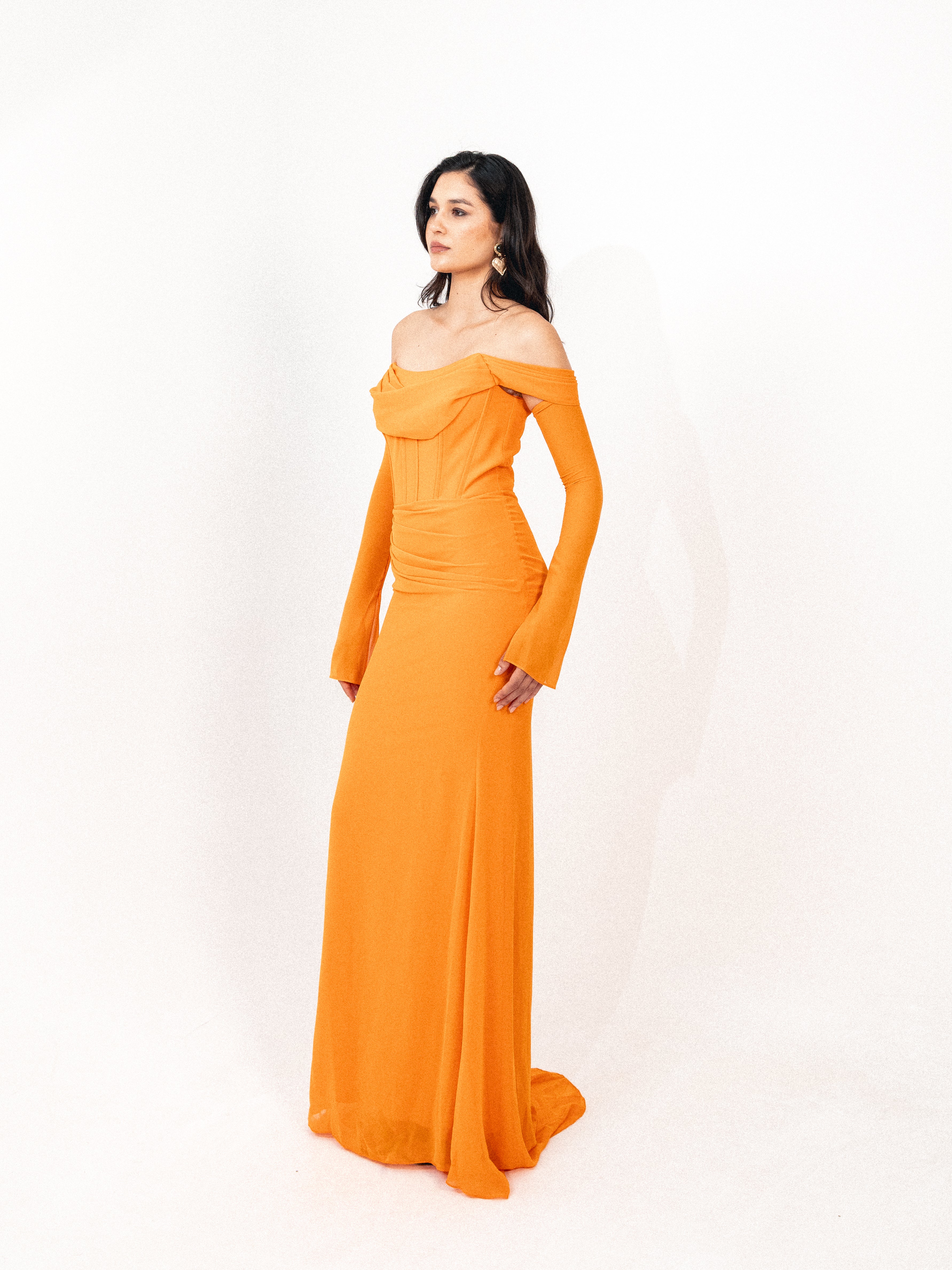 Off shoulder corset chiffon dress in ORANGE