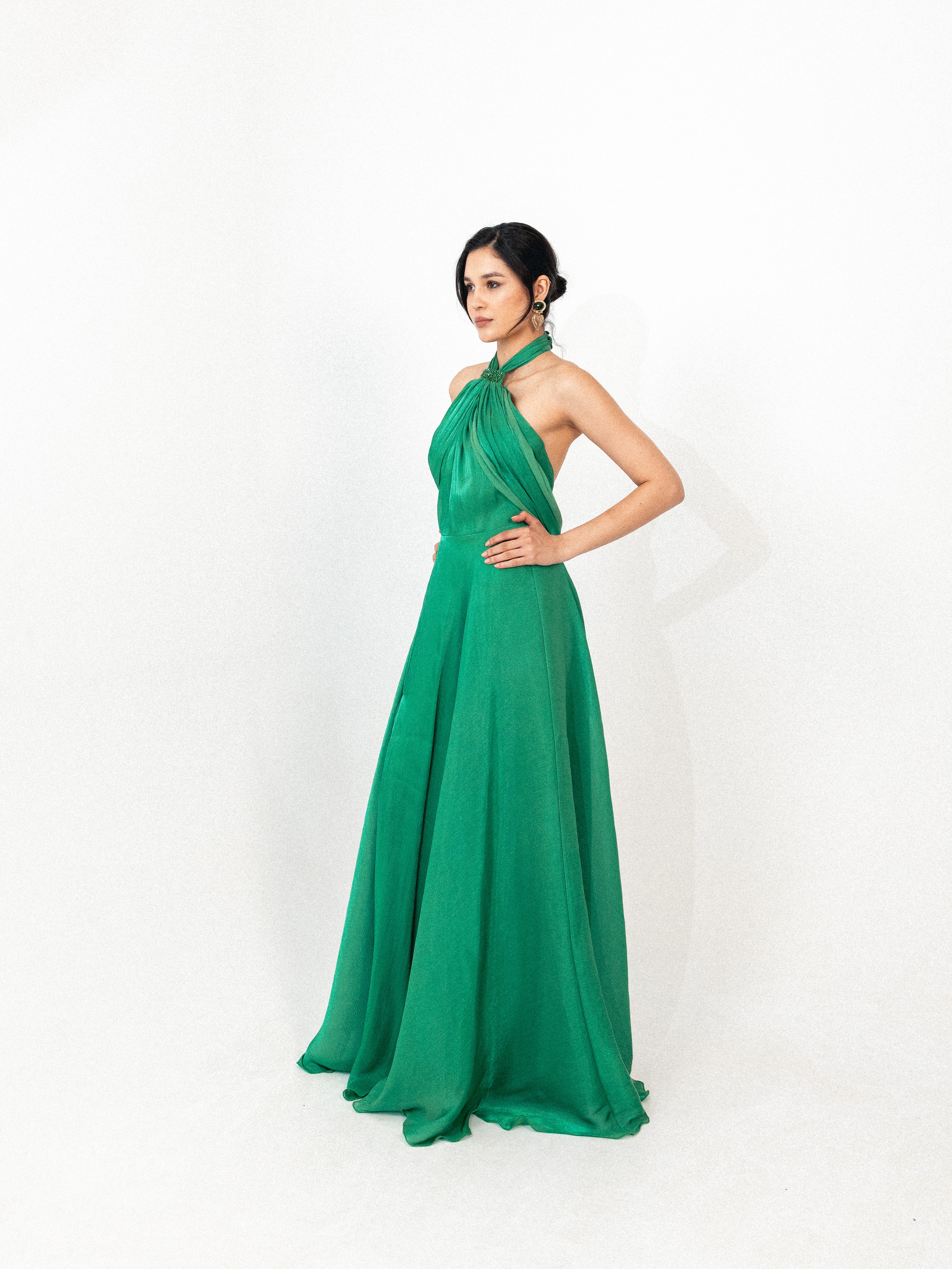Halter neck backless organza long dress with slit in green