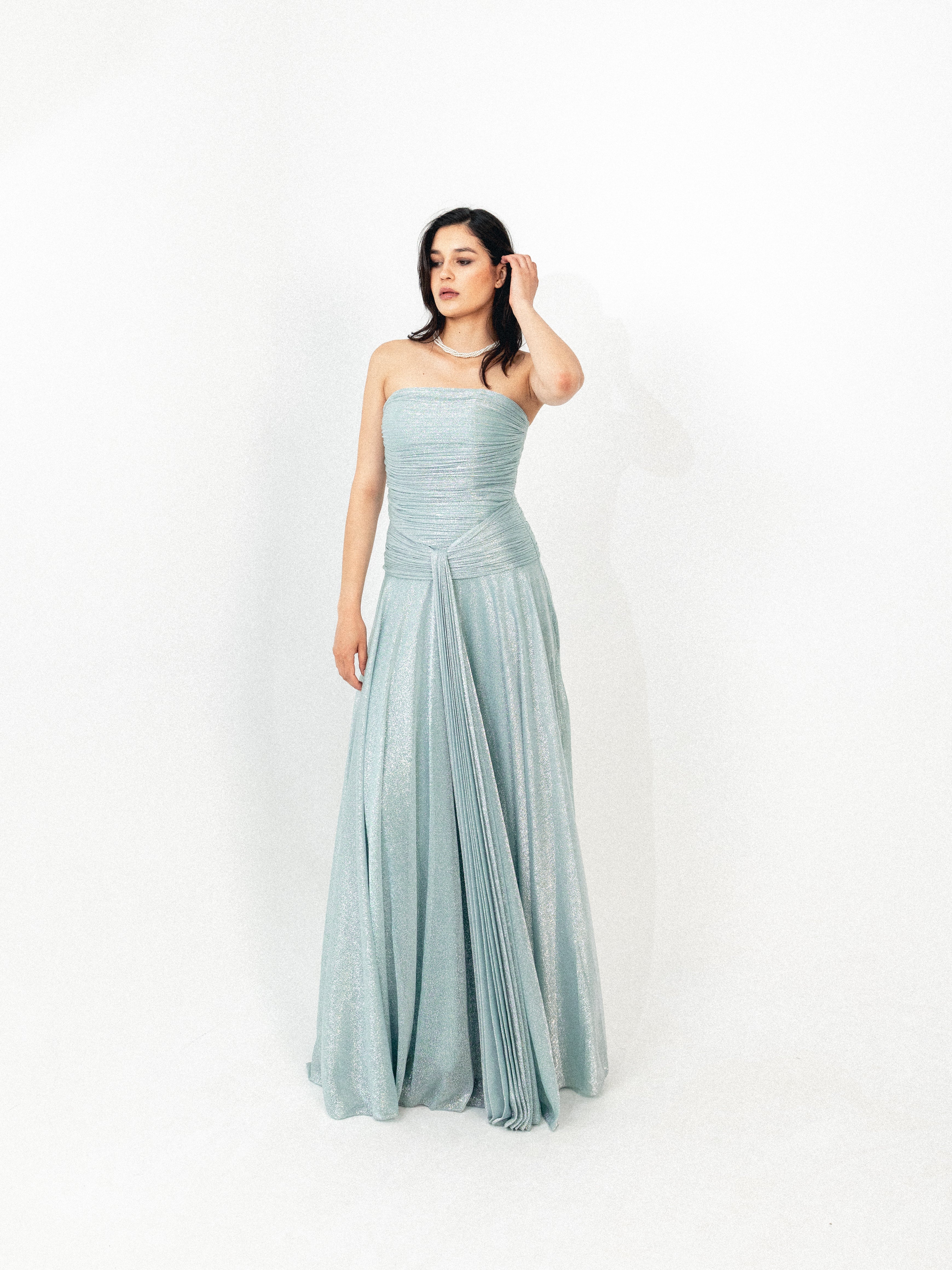 Strapless draped long dress in BABY blue