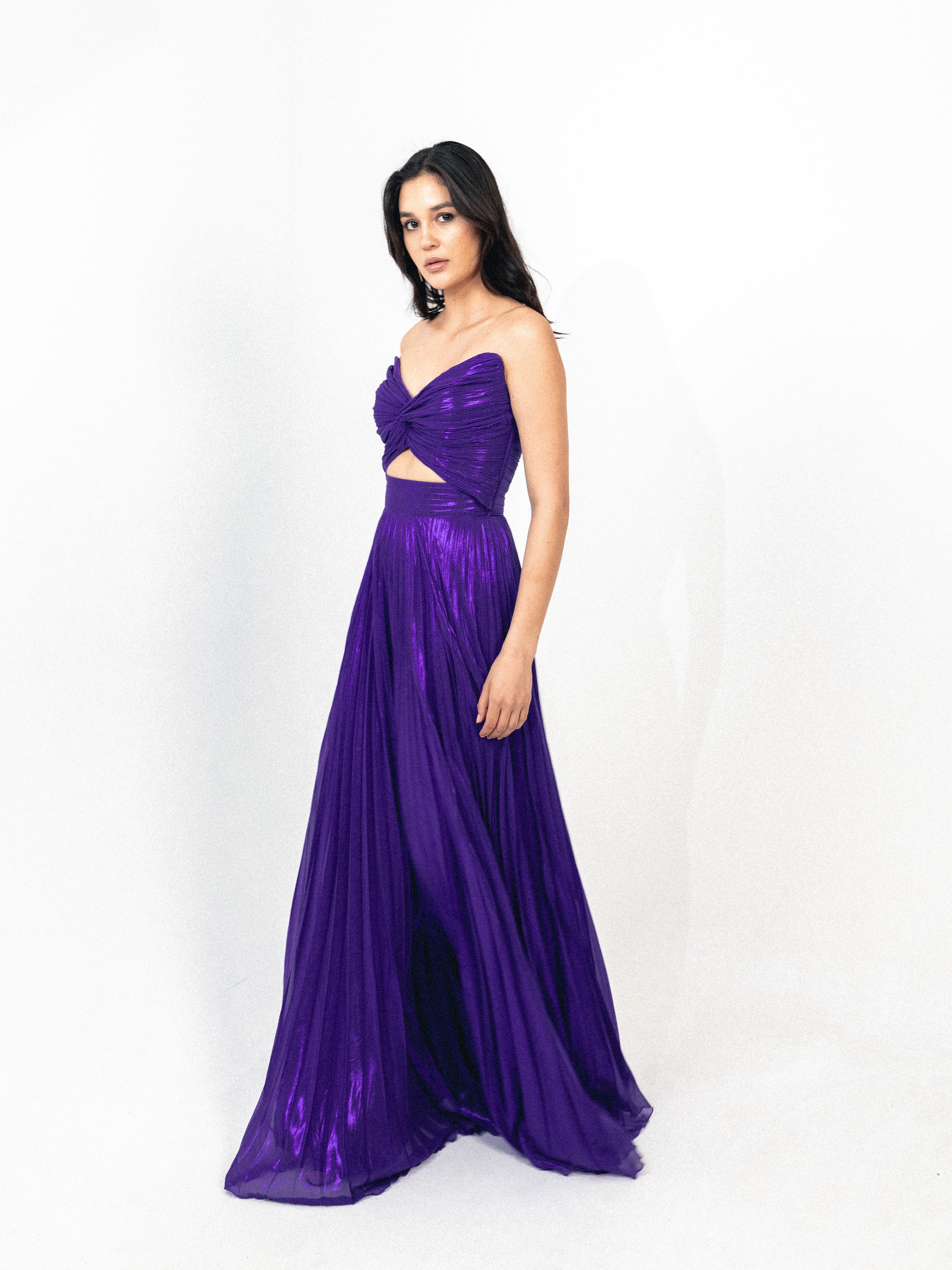Strapless cutout plisse long dress in purple