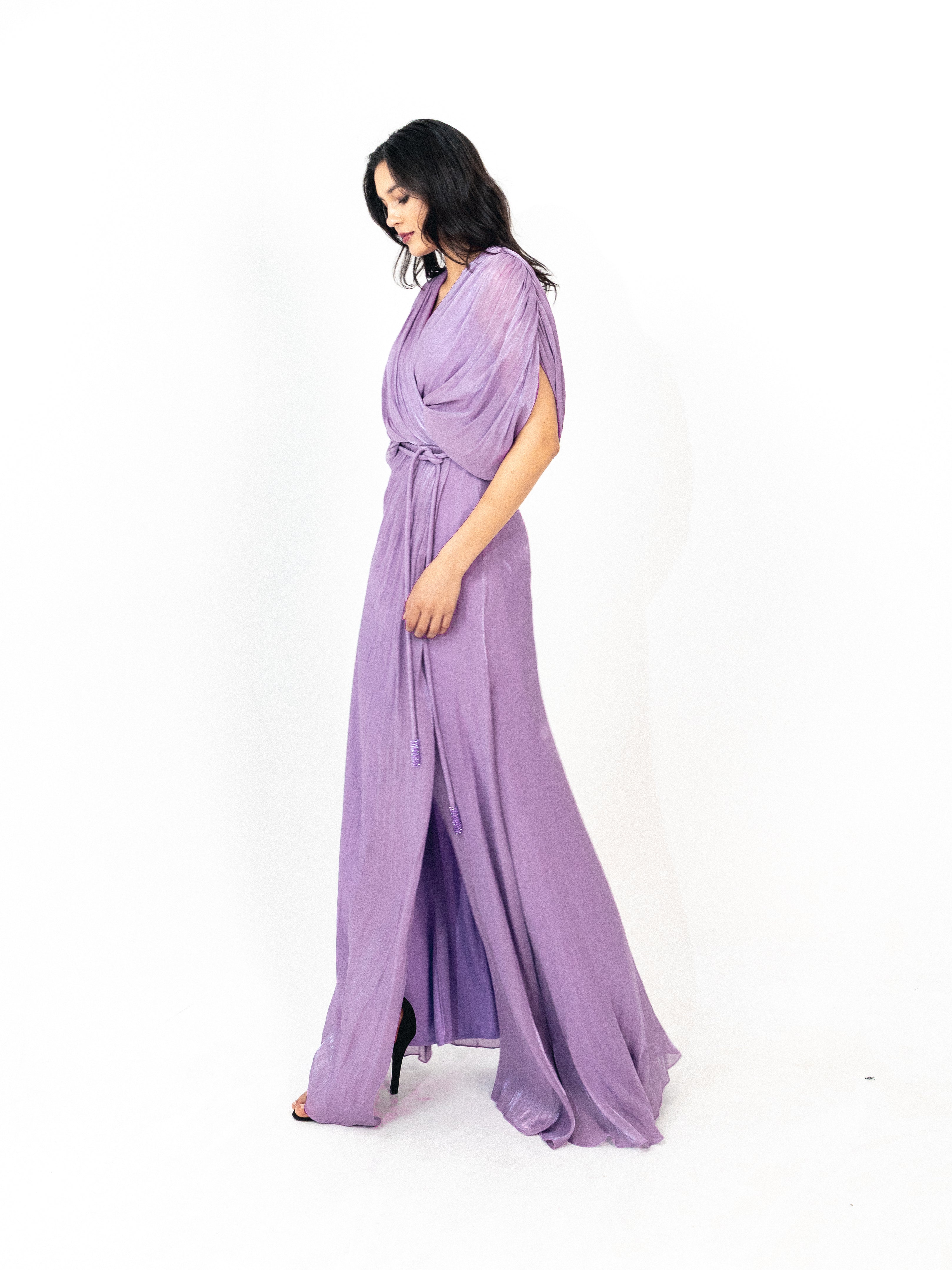 Draped organza long dress with slit in lilac