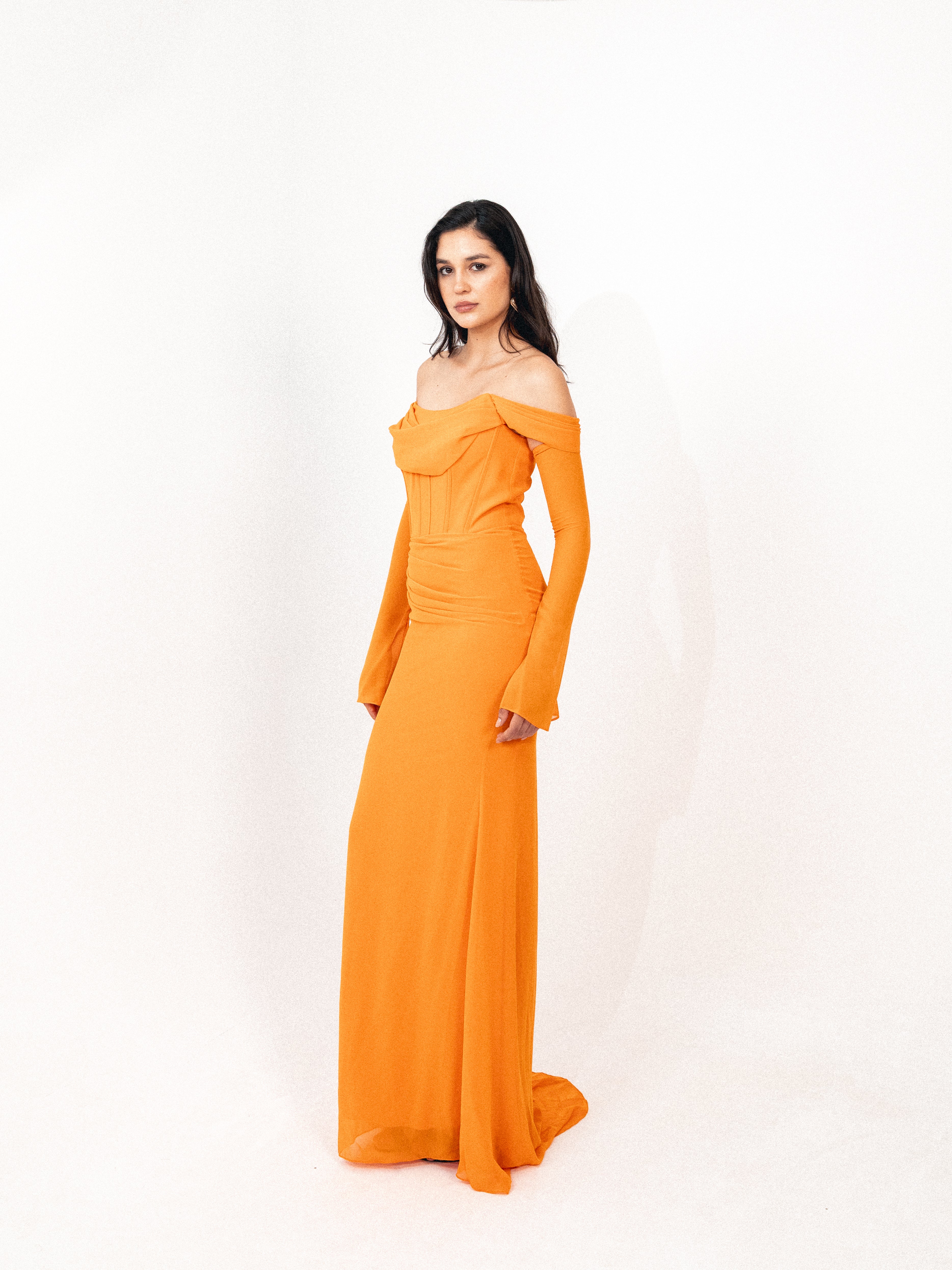 Off shoulder corset chiffon dress in ORANGE
