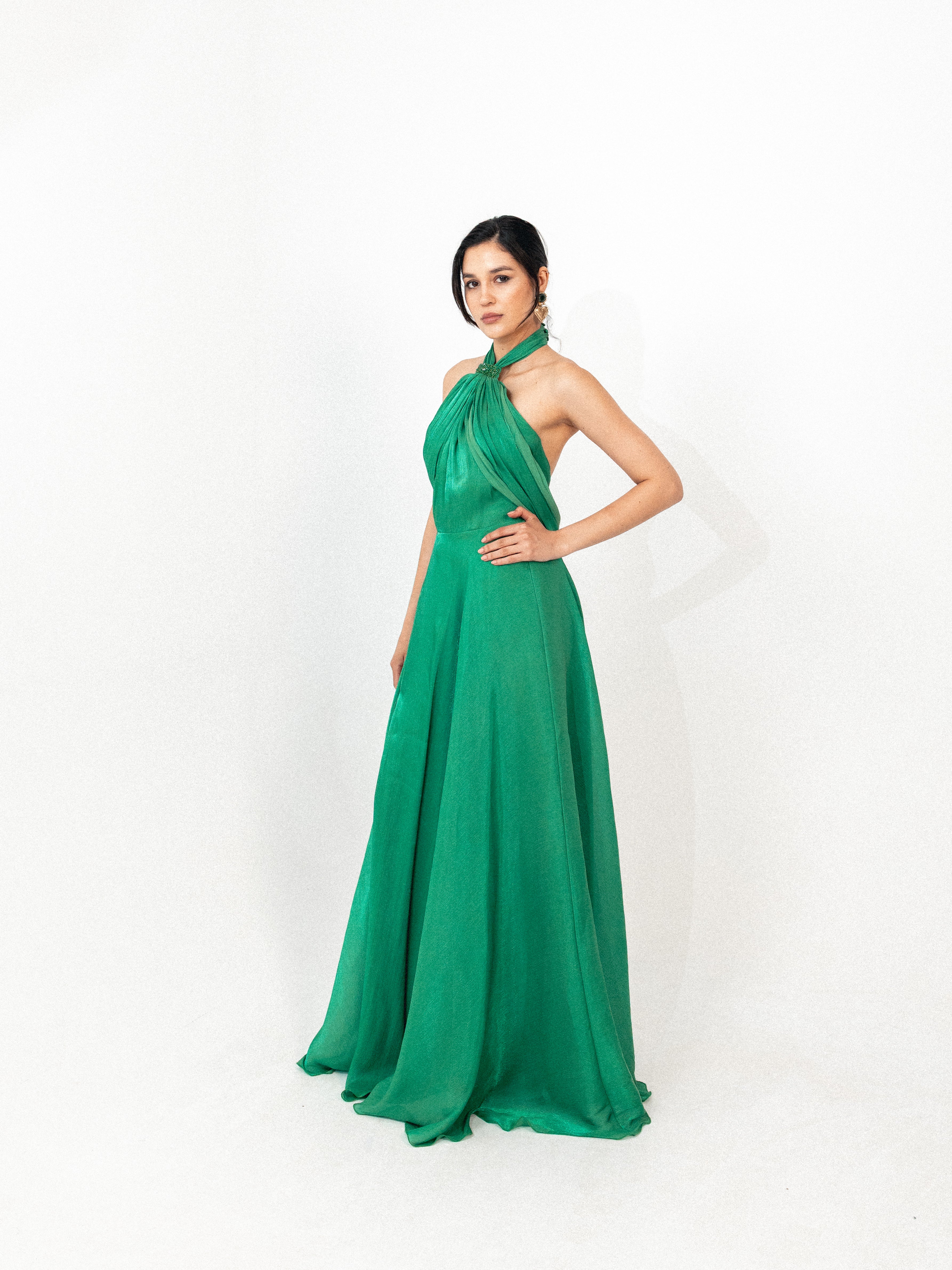 Halter neck backless organza long dress with slit in green