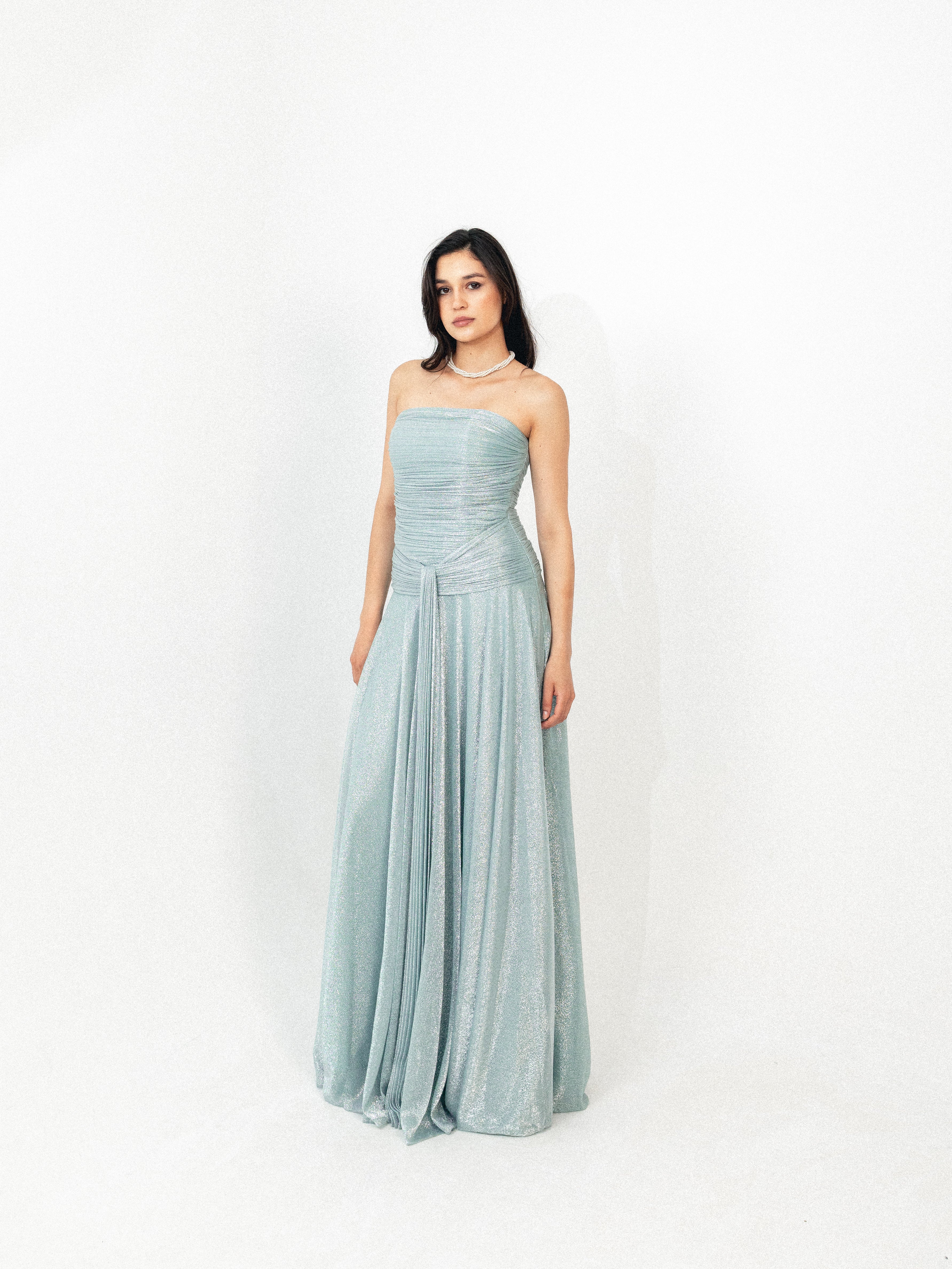 Strapless draped long dress in BABY blue
