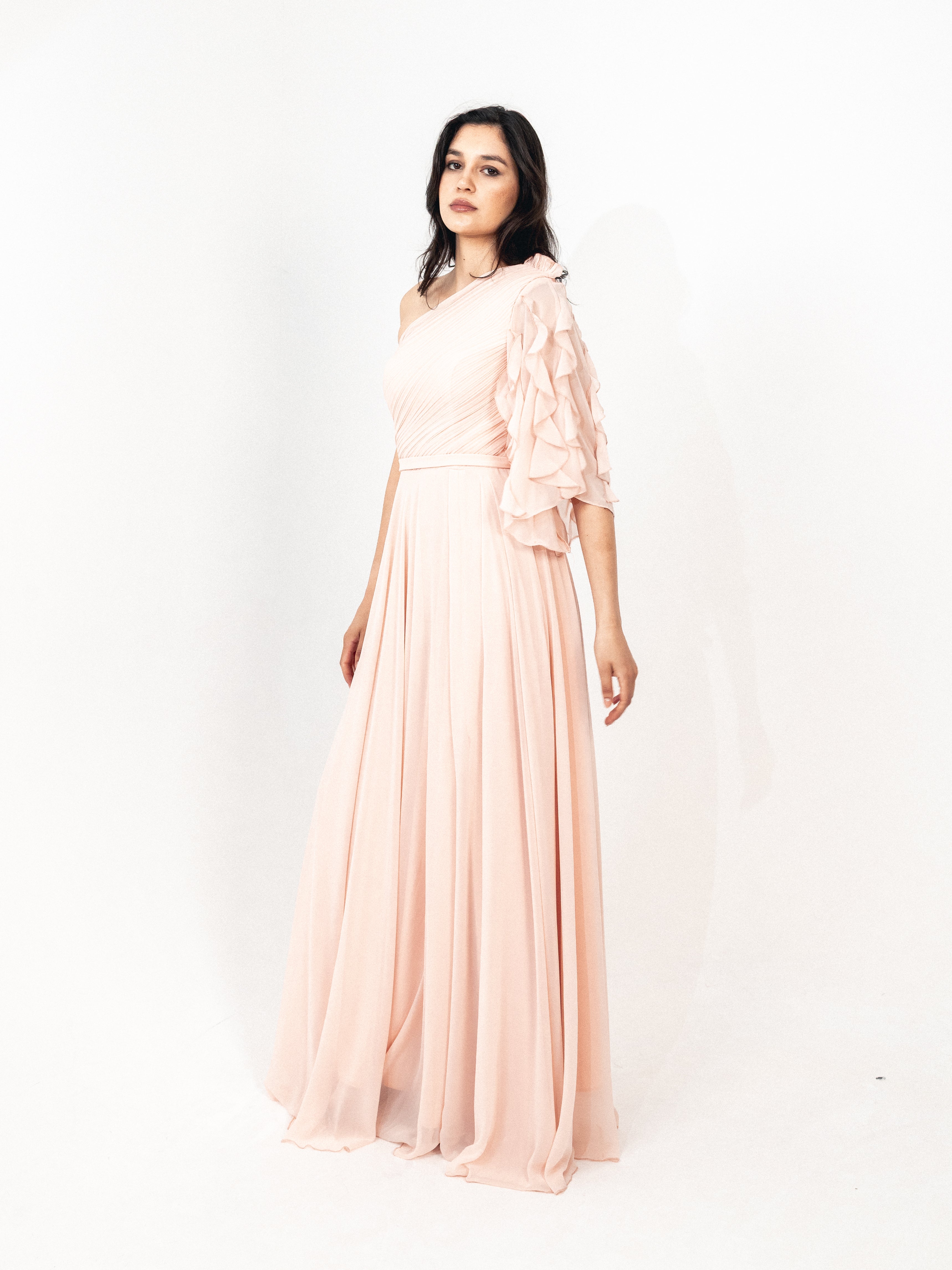 One shoulder chiffon dress with slit in SIMON