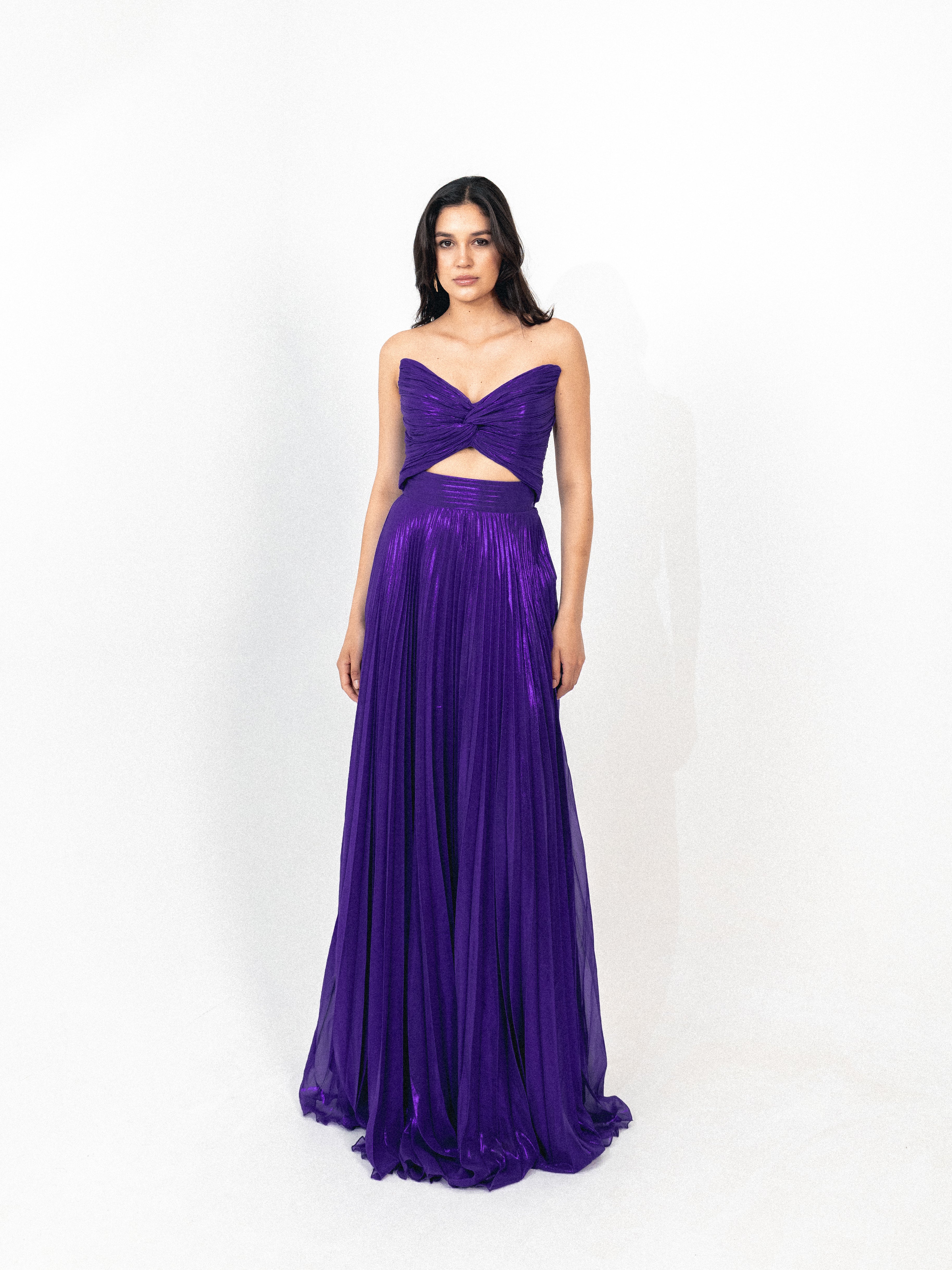 Strapless cutout plisse long dress in purple