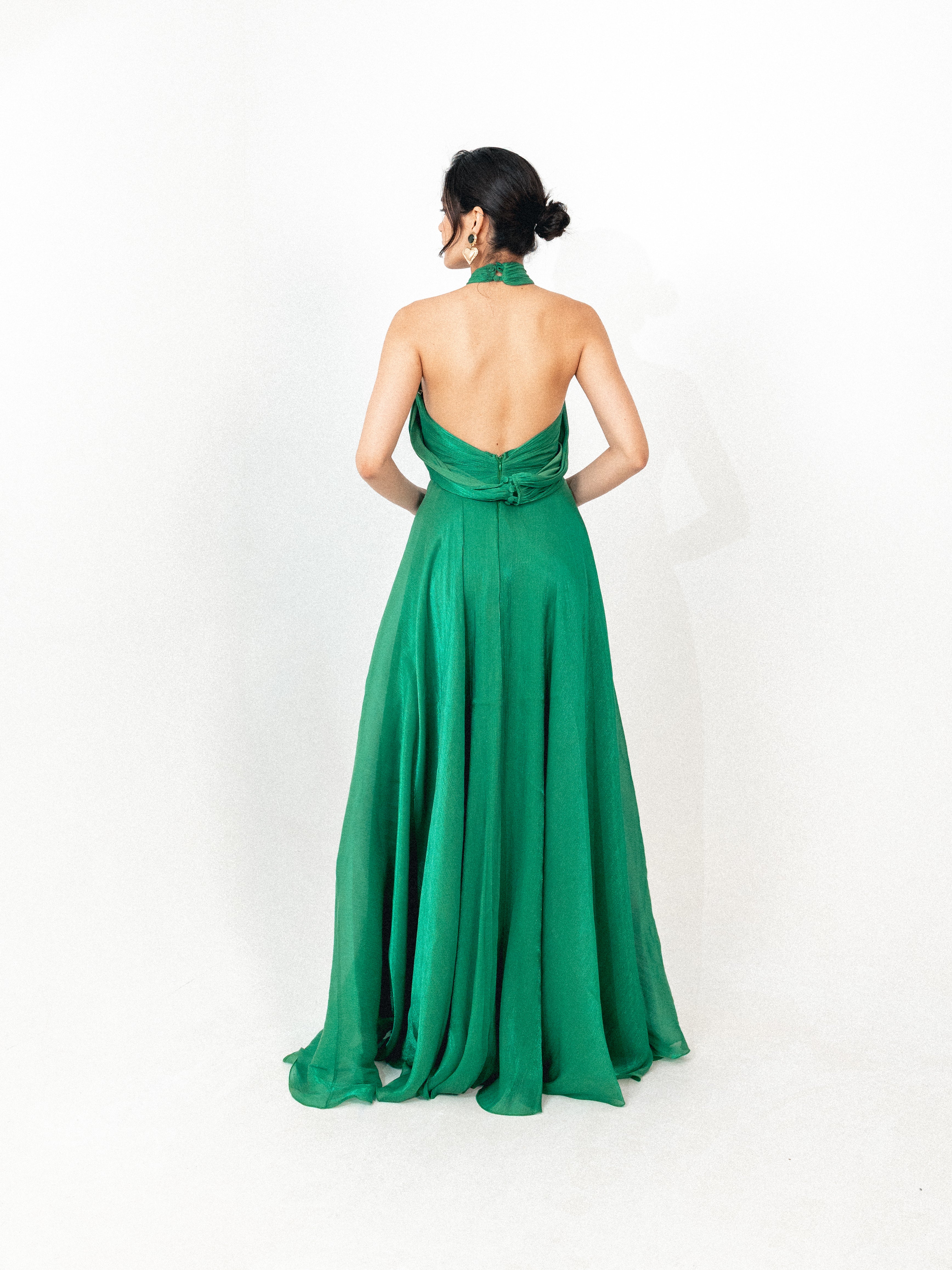 Halter neck backless organza long dress with slit in green