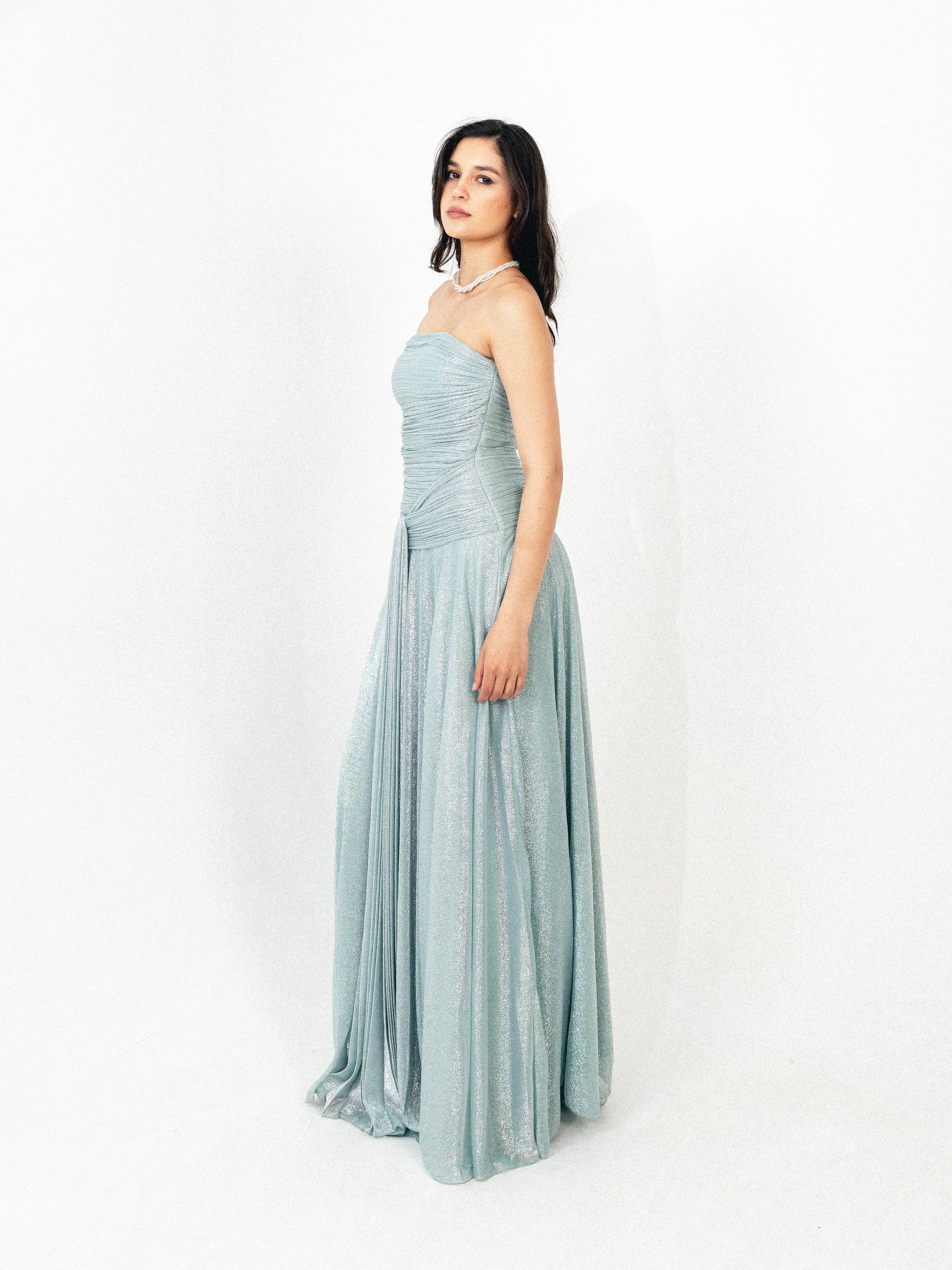 Strapless draped long dress in BABY blue