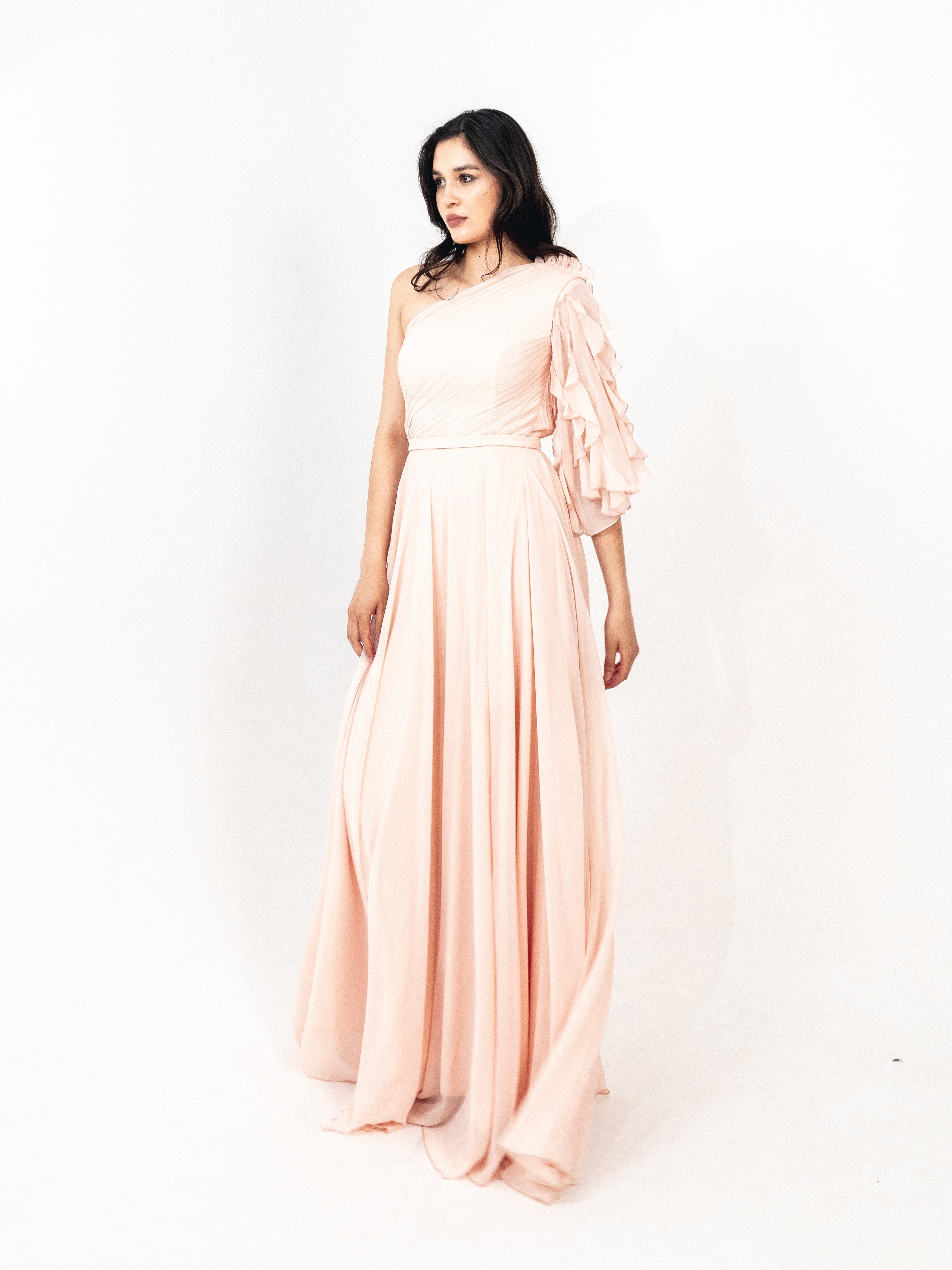 One shoulder chiffon dress with slit in SIMON