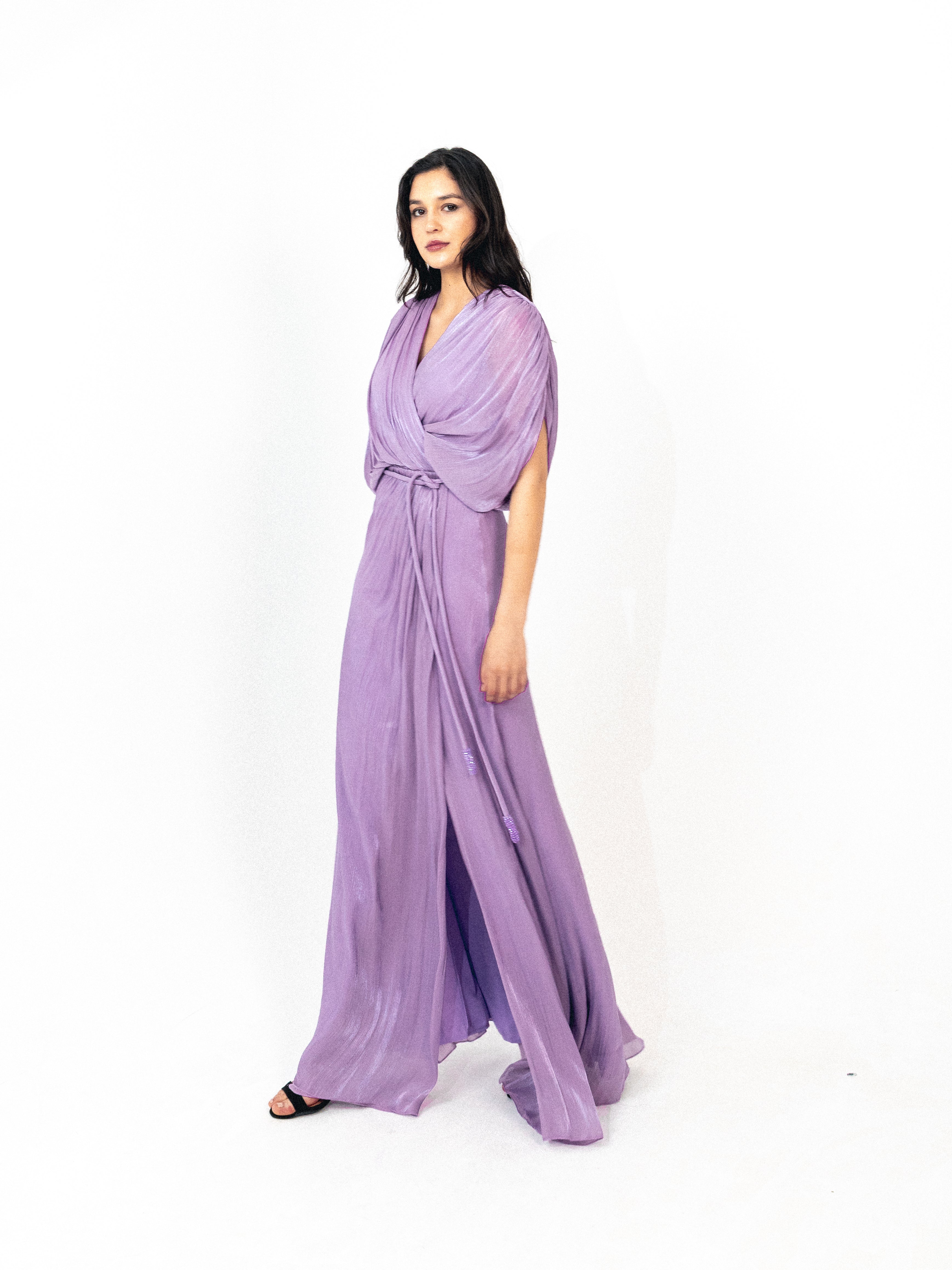 Draped organza long dress with slit in lilac