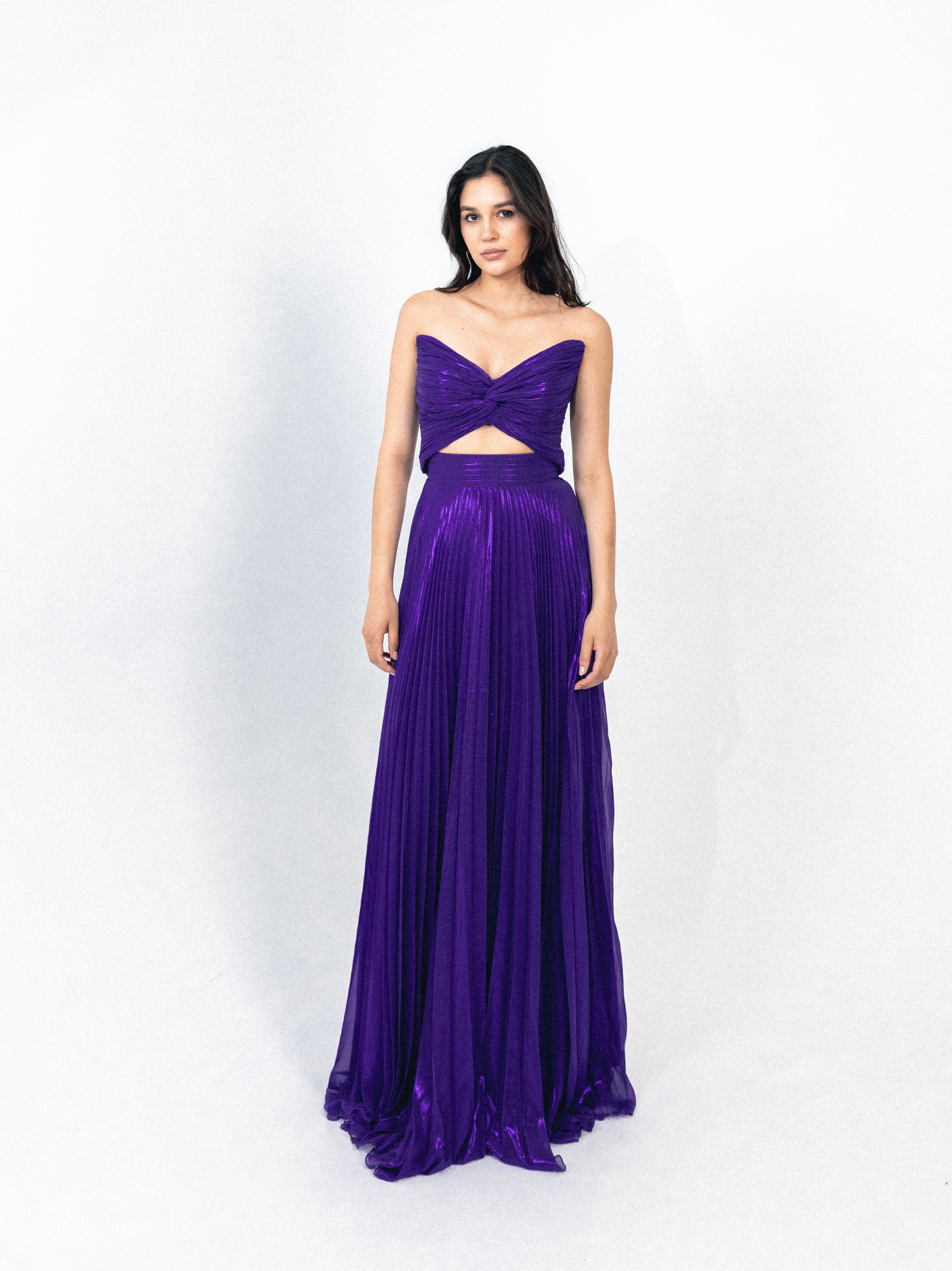 Strapless cutout plisse long dress in purple