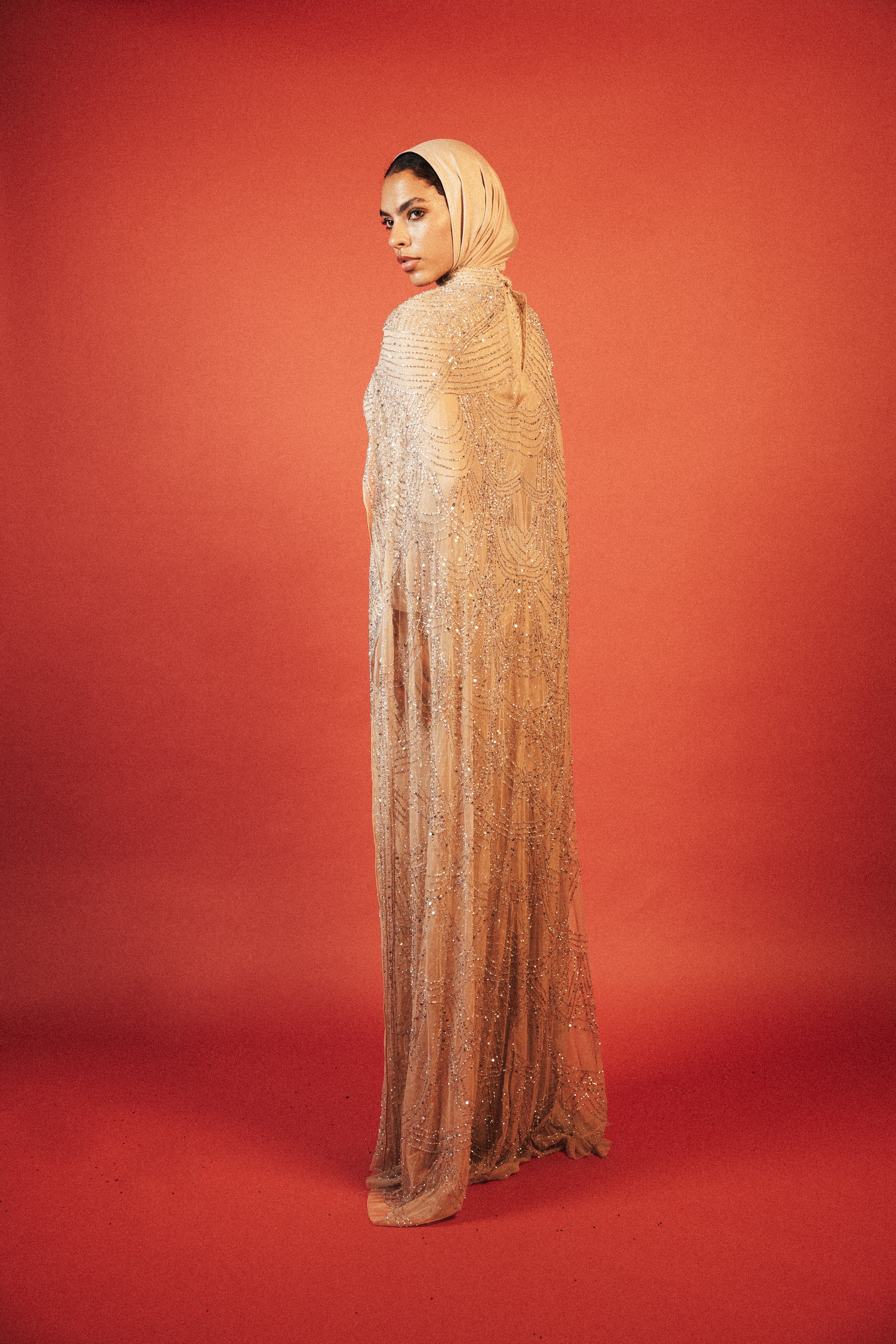 beaded modest long dress with cape in beige