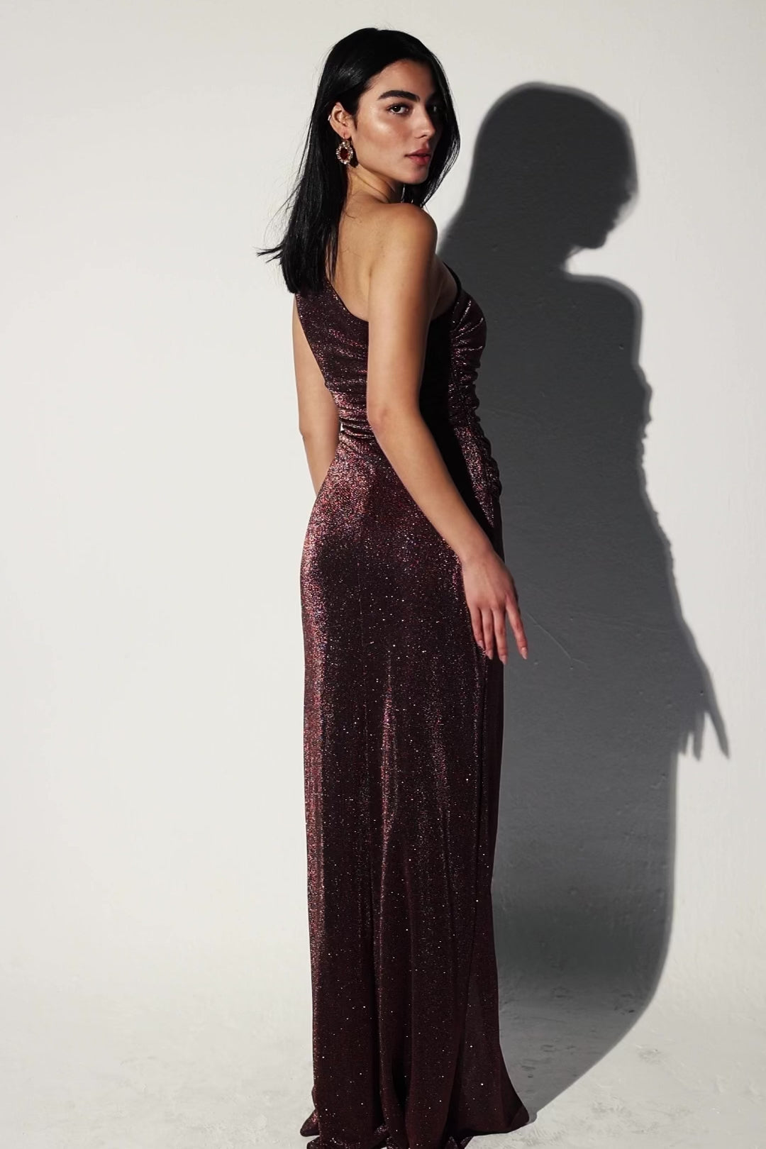 Shimmery One shoulder dress with slit in Brown