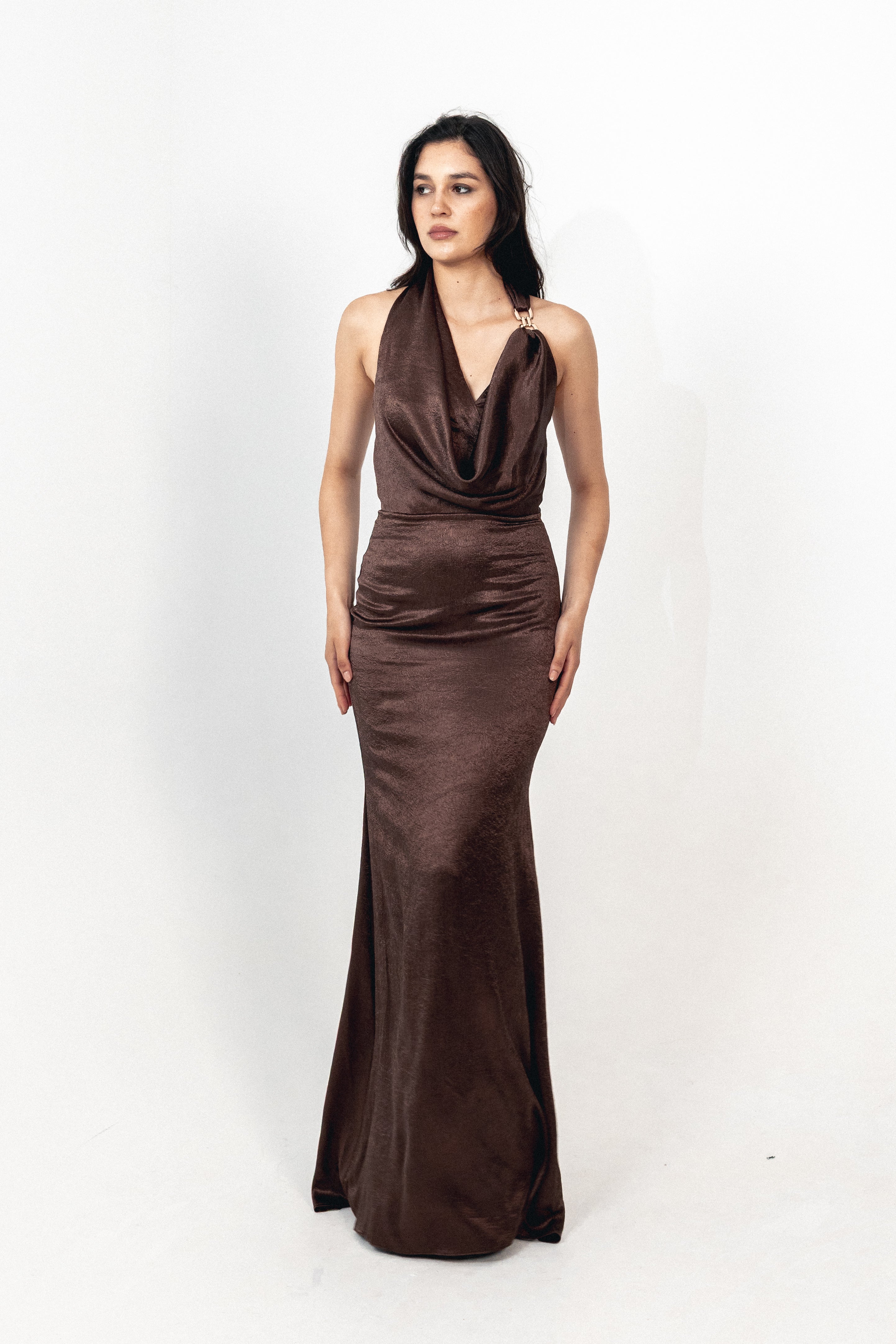 Halter neck backless satin dress in brown