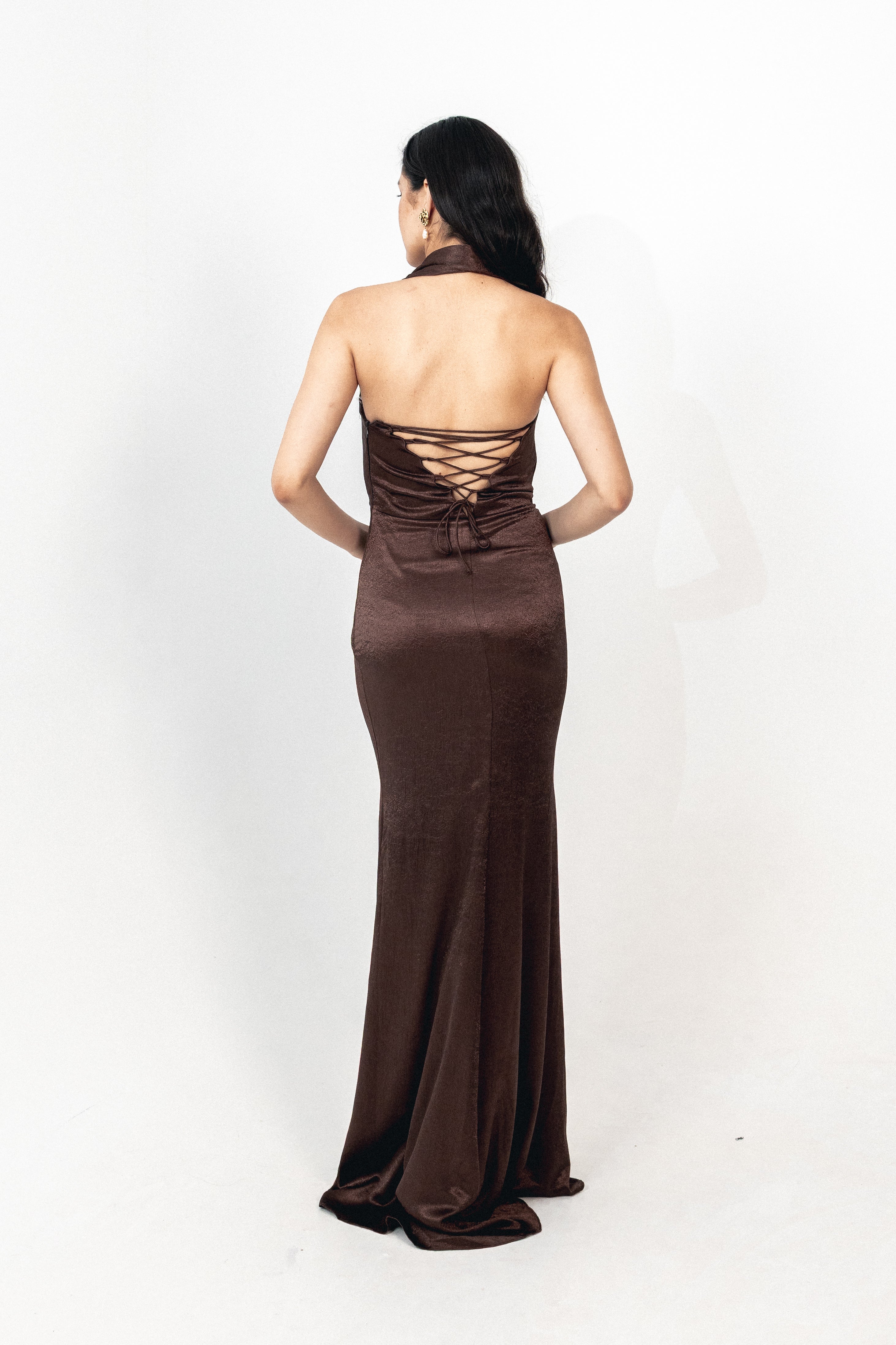Halter neck backless satin dress in brown