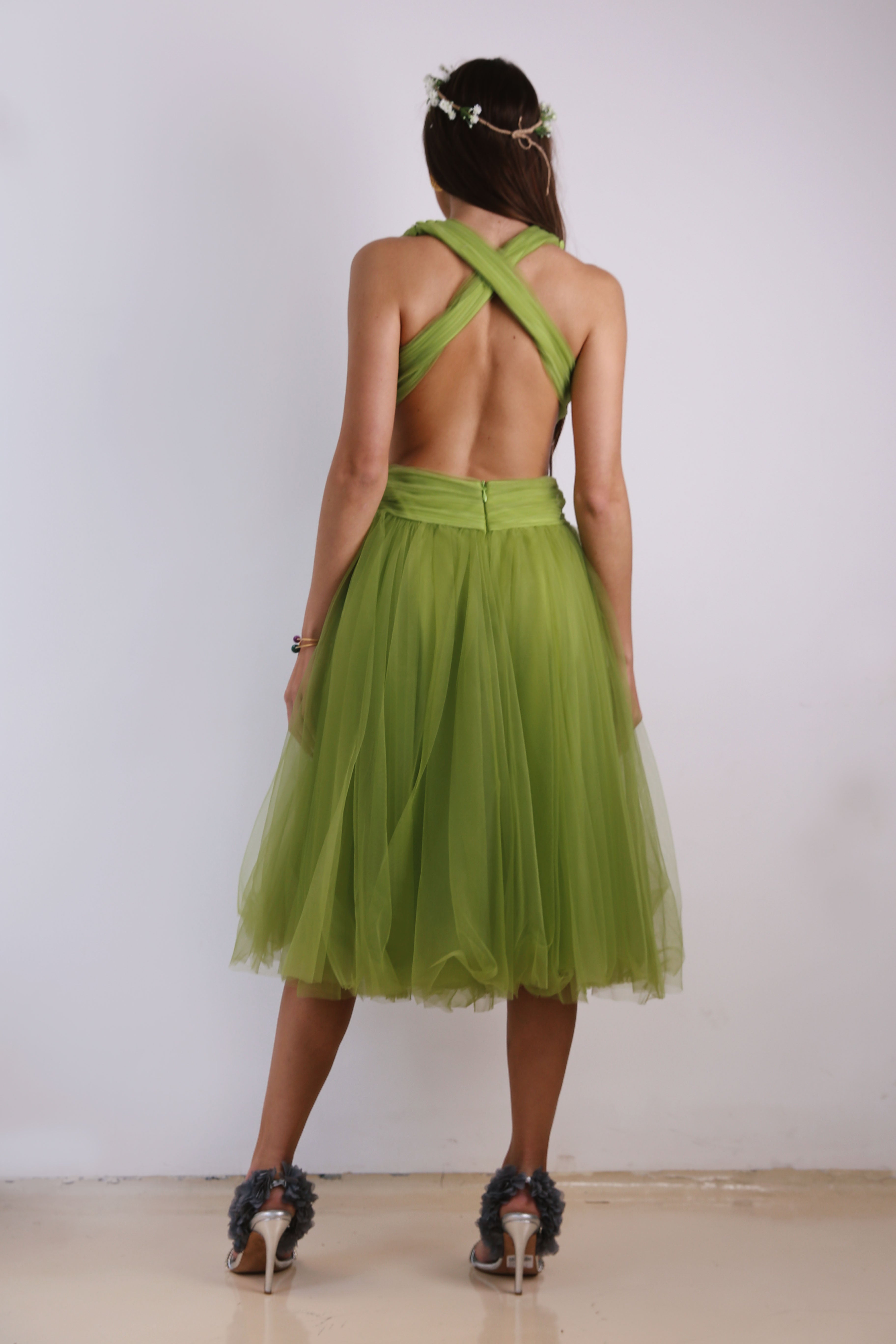 Short Backless Tulle Dress in Green