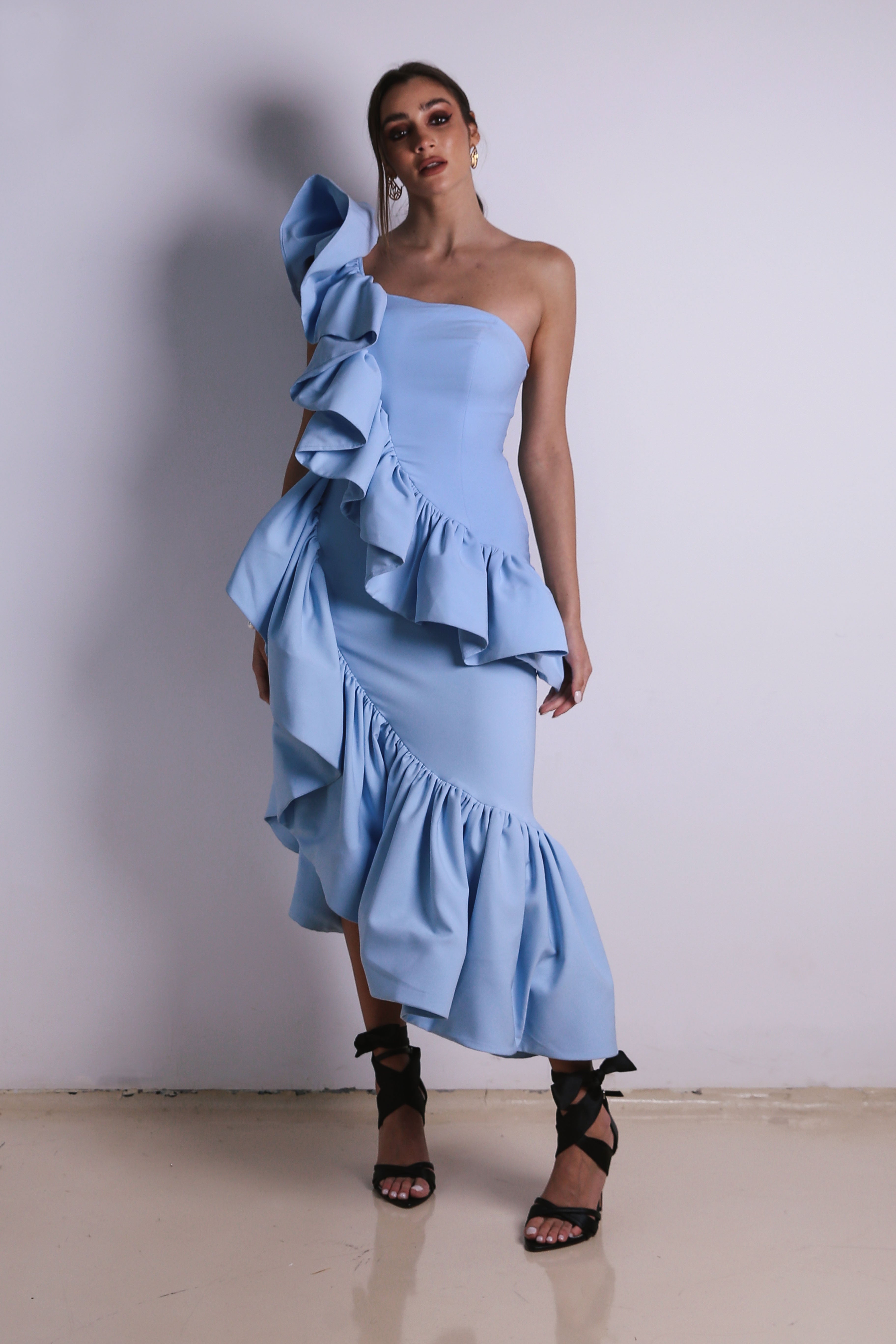 One shoulder ruffled dress in Baby Blue