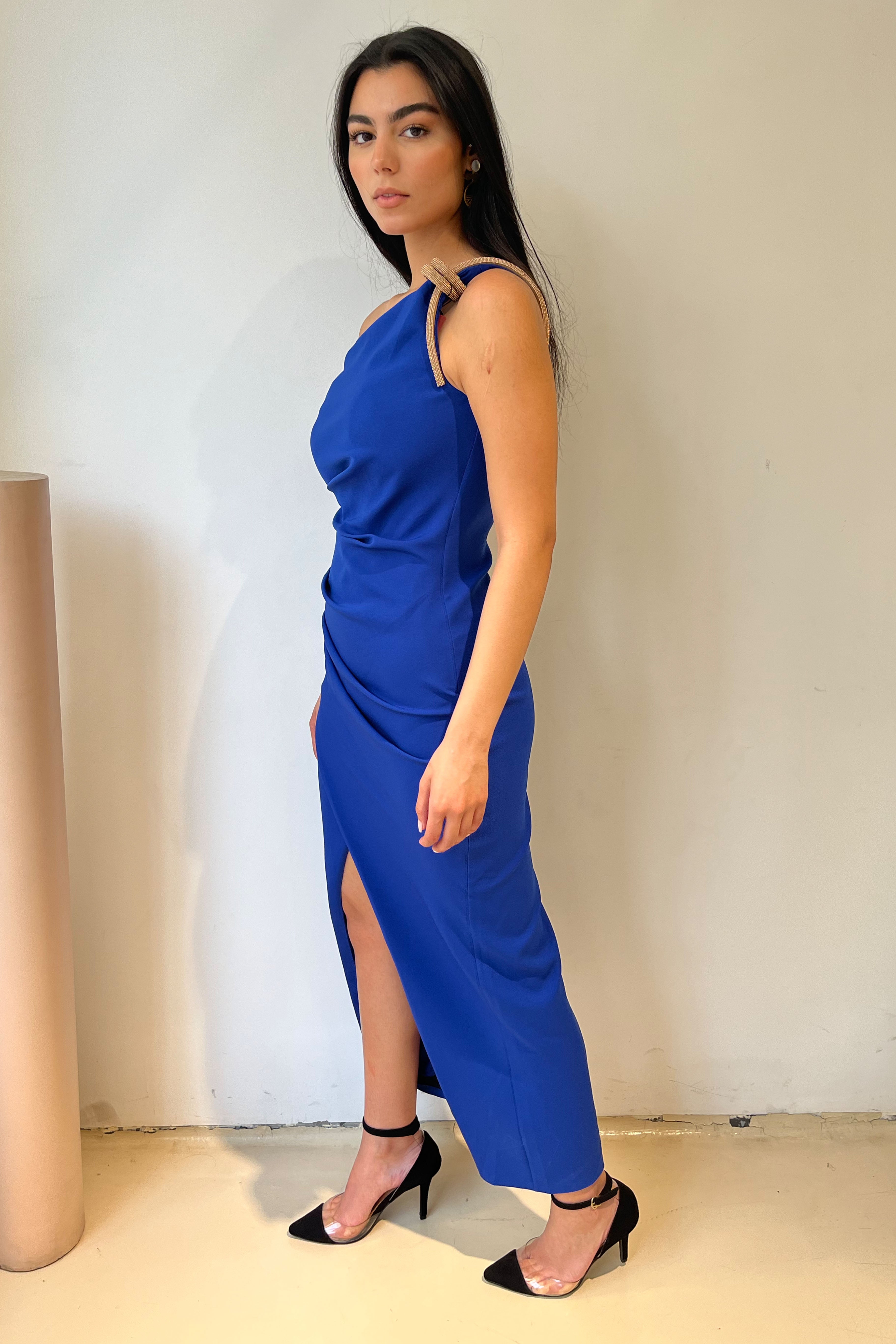 One shoulder dress with slit in Blue