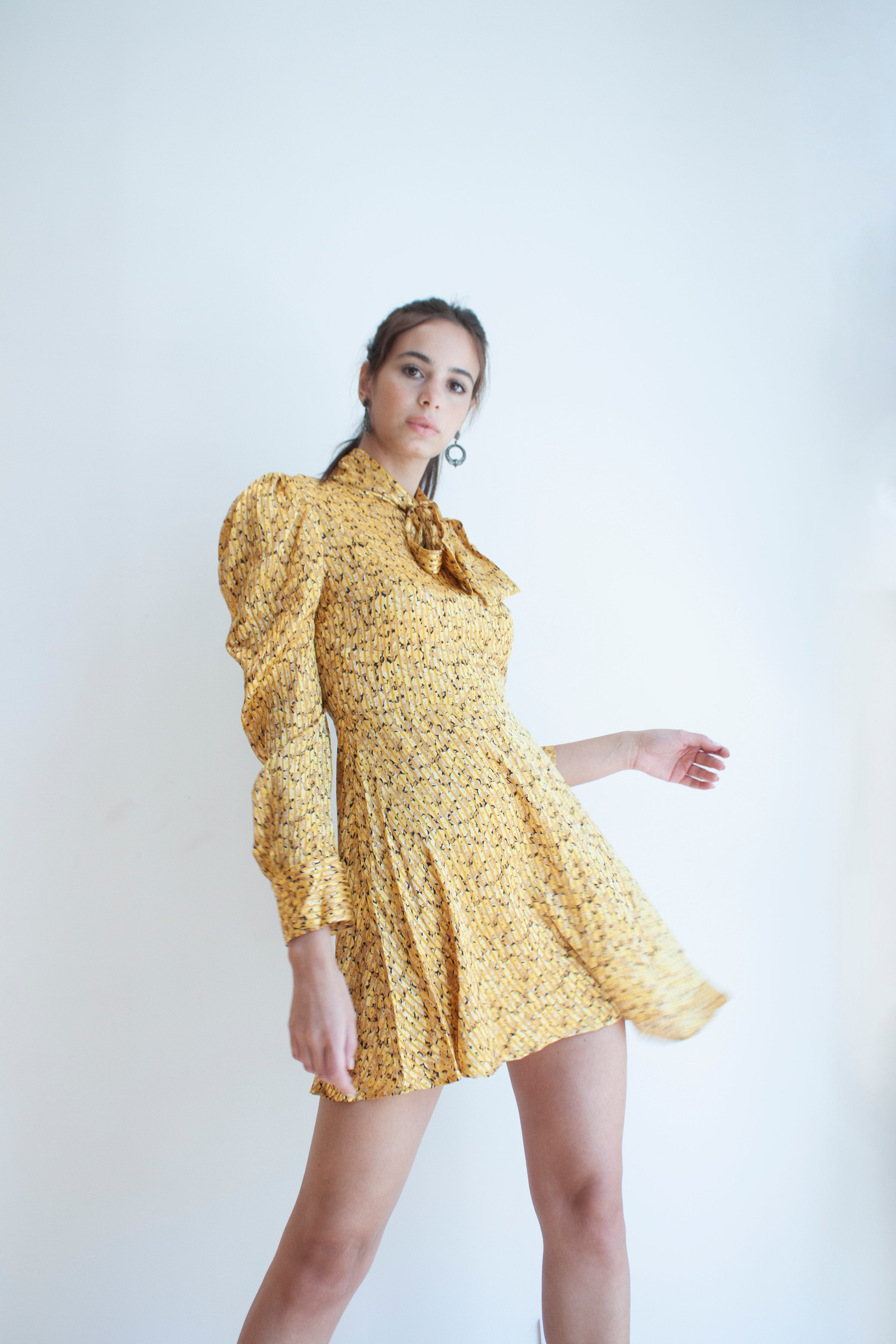 long sleeve satin dress with bow in Mustard