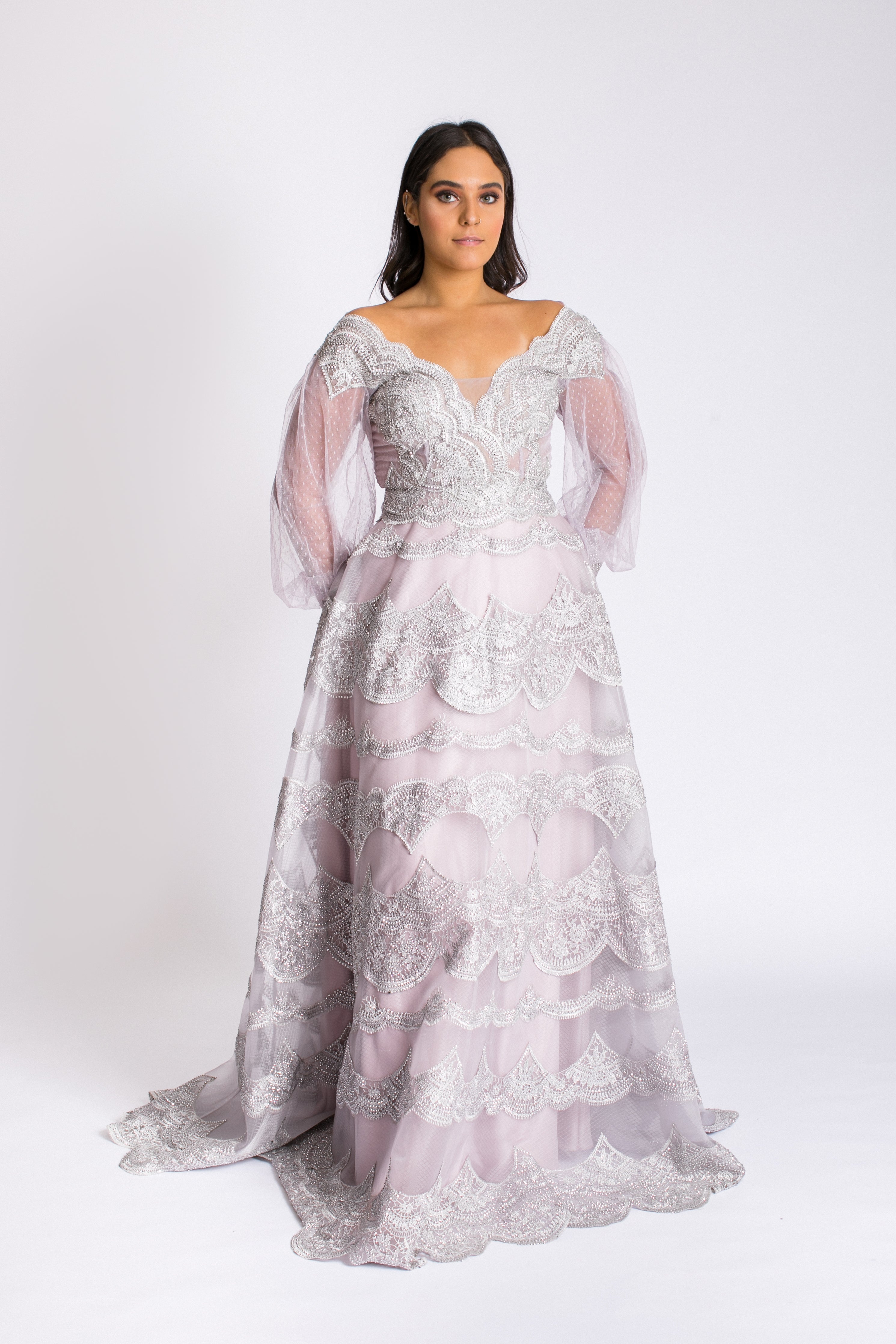 Organza dress with sleeves in Silver
