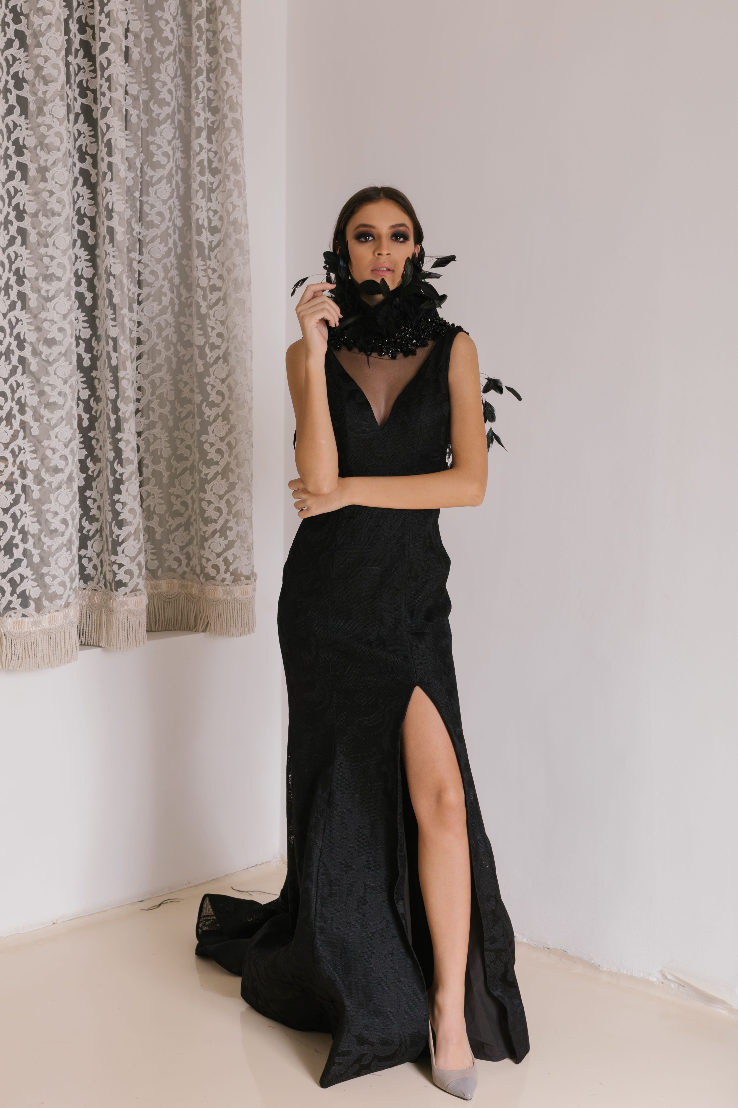Tulle Embroidered Dress with Feathers in Black
