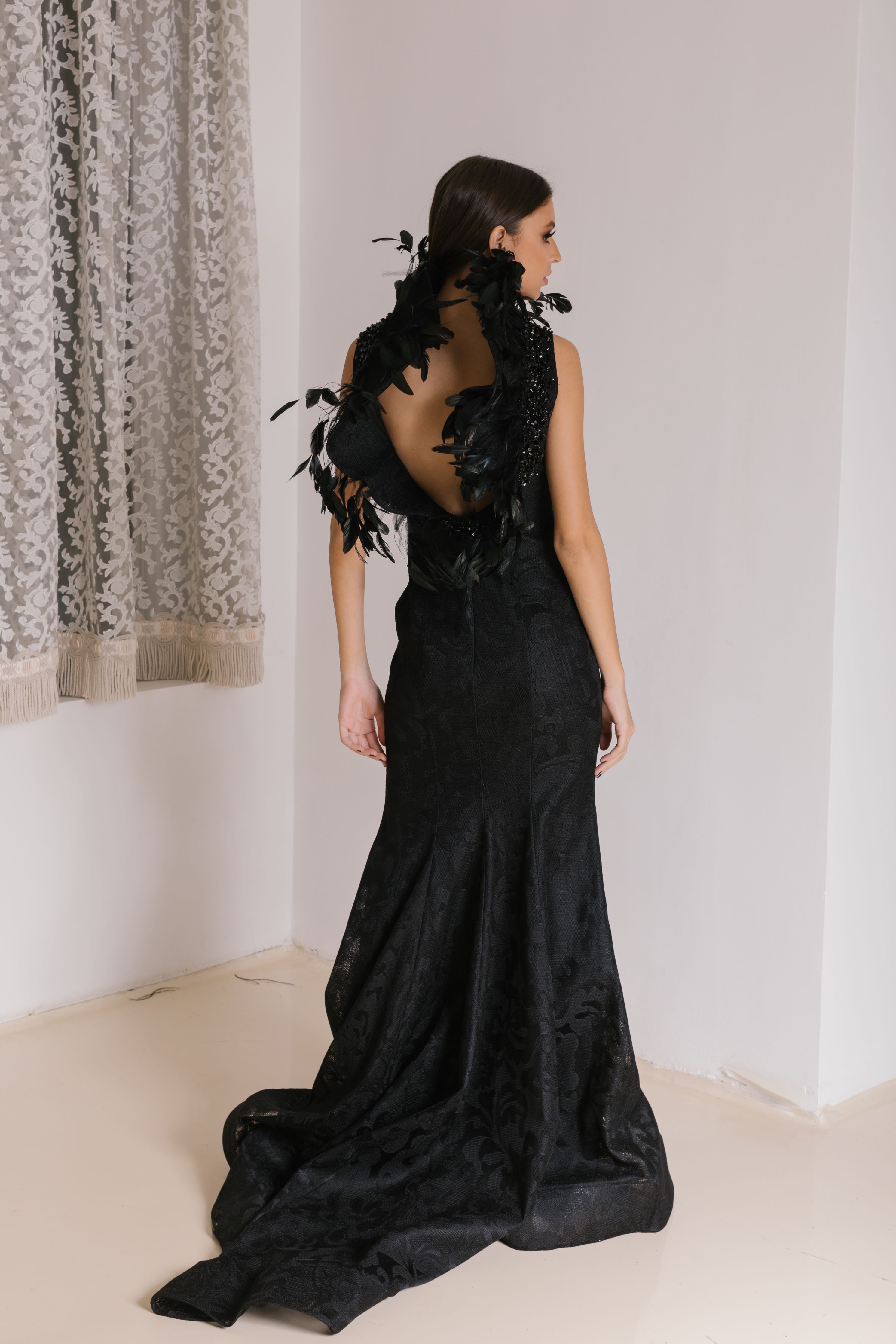 Tulle Embroidered Dress with Feathers in Black