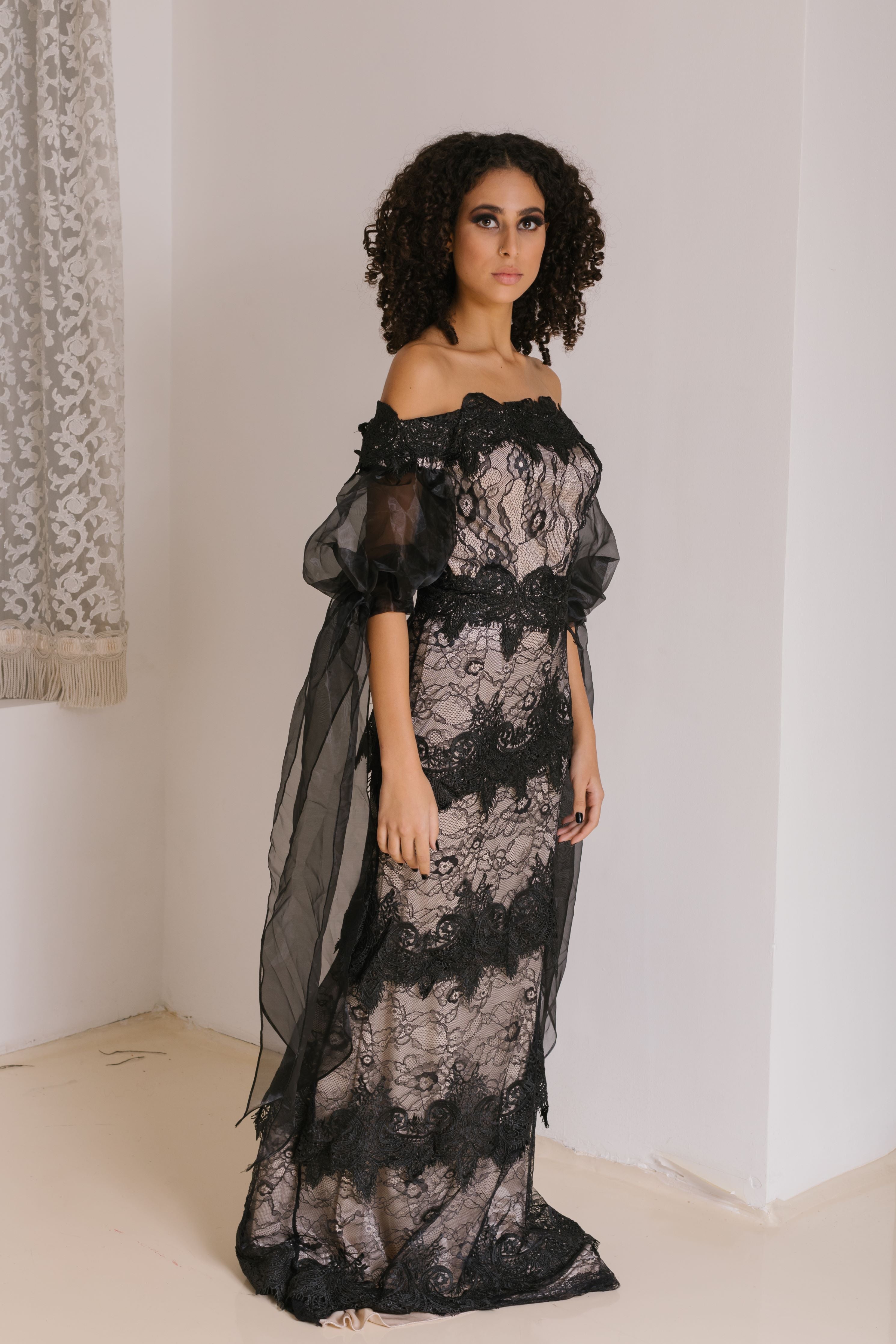 Dantelle and Guipure with Organza Off-shoulder Dress in Black & Nude