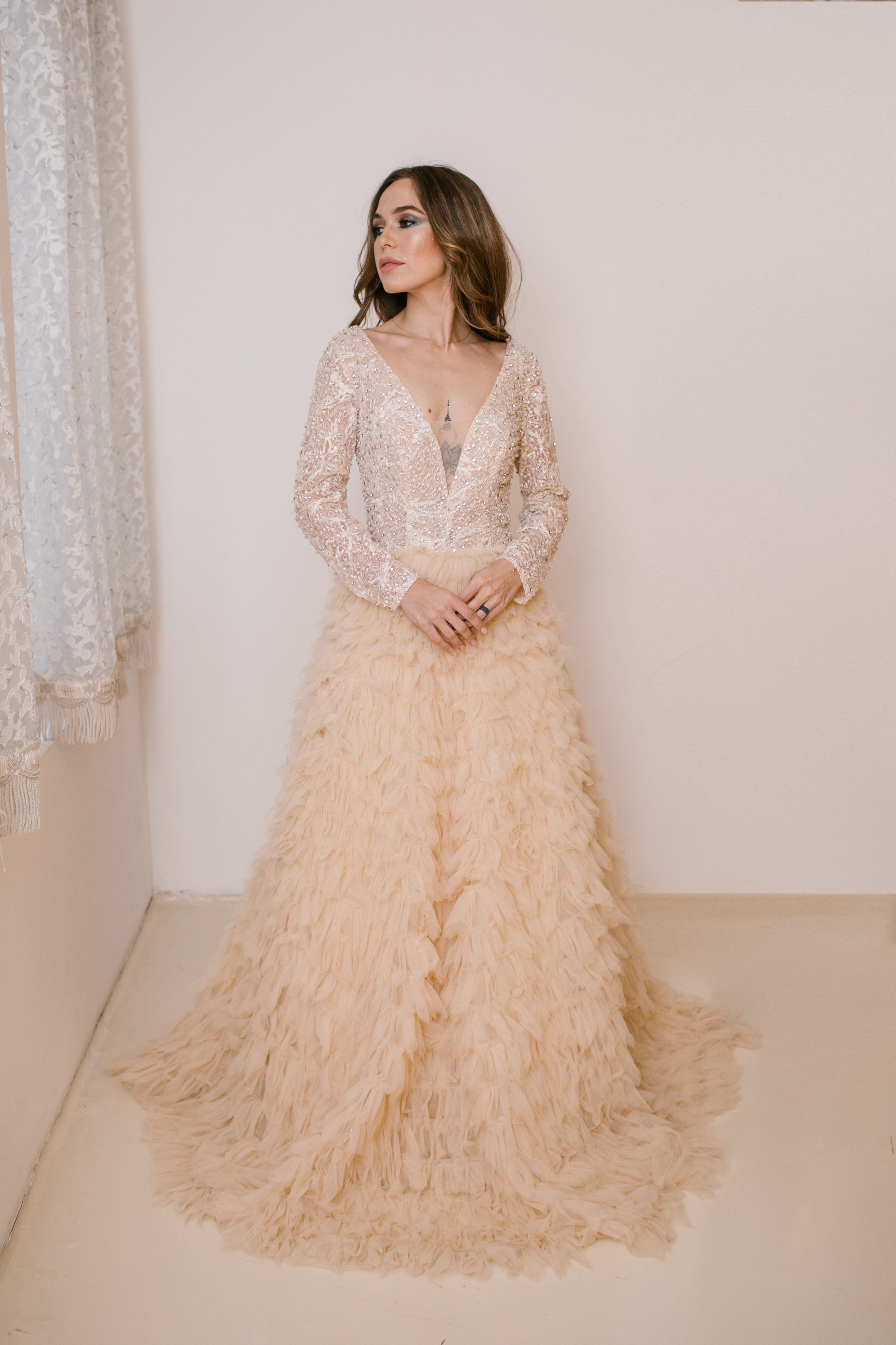 Tulle Gown with Ruffles in Beige