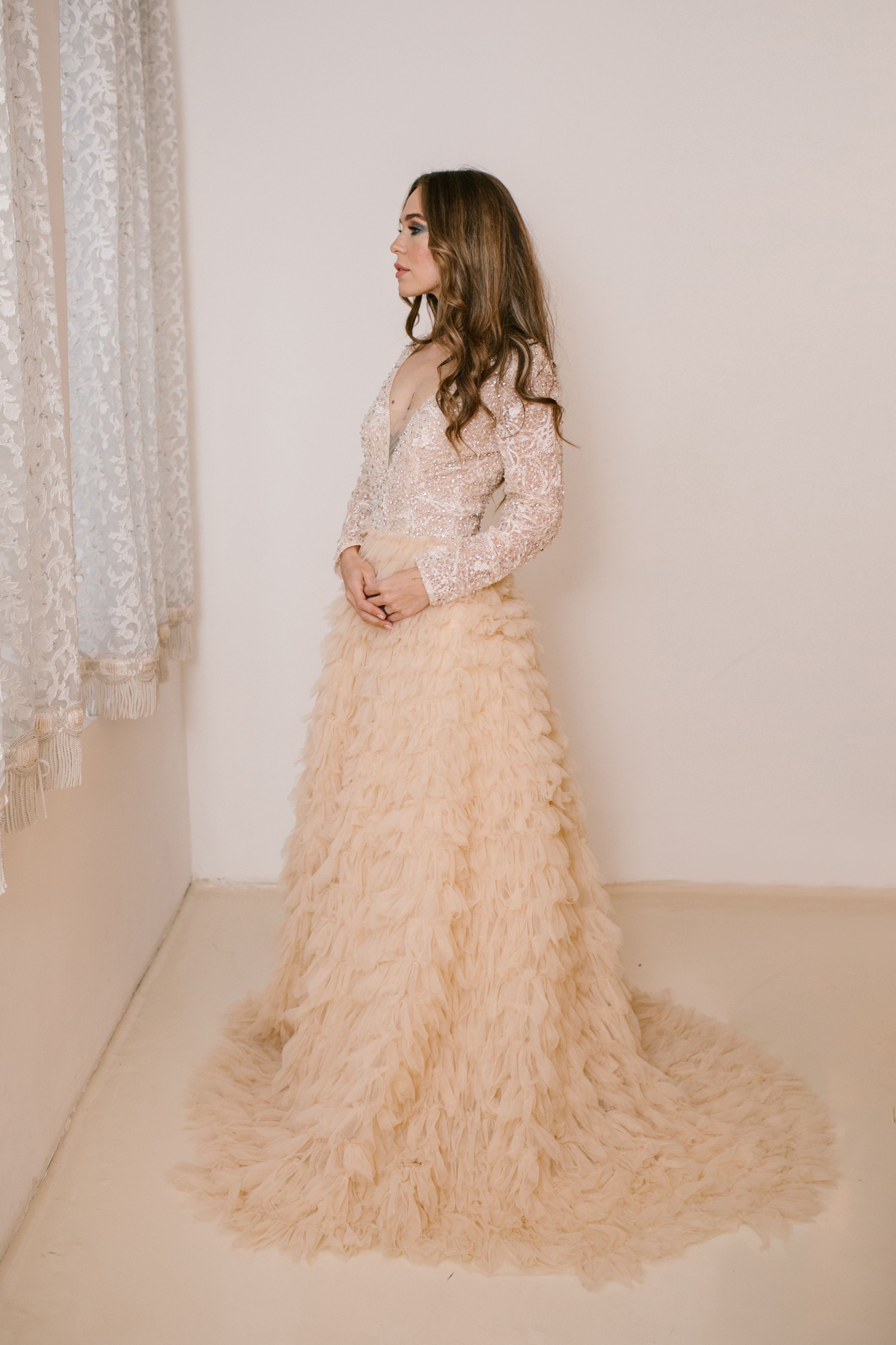 Tulle Gown with Ruffles in Beige