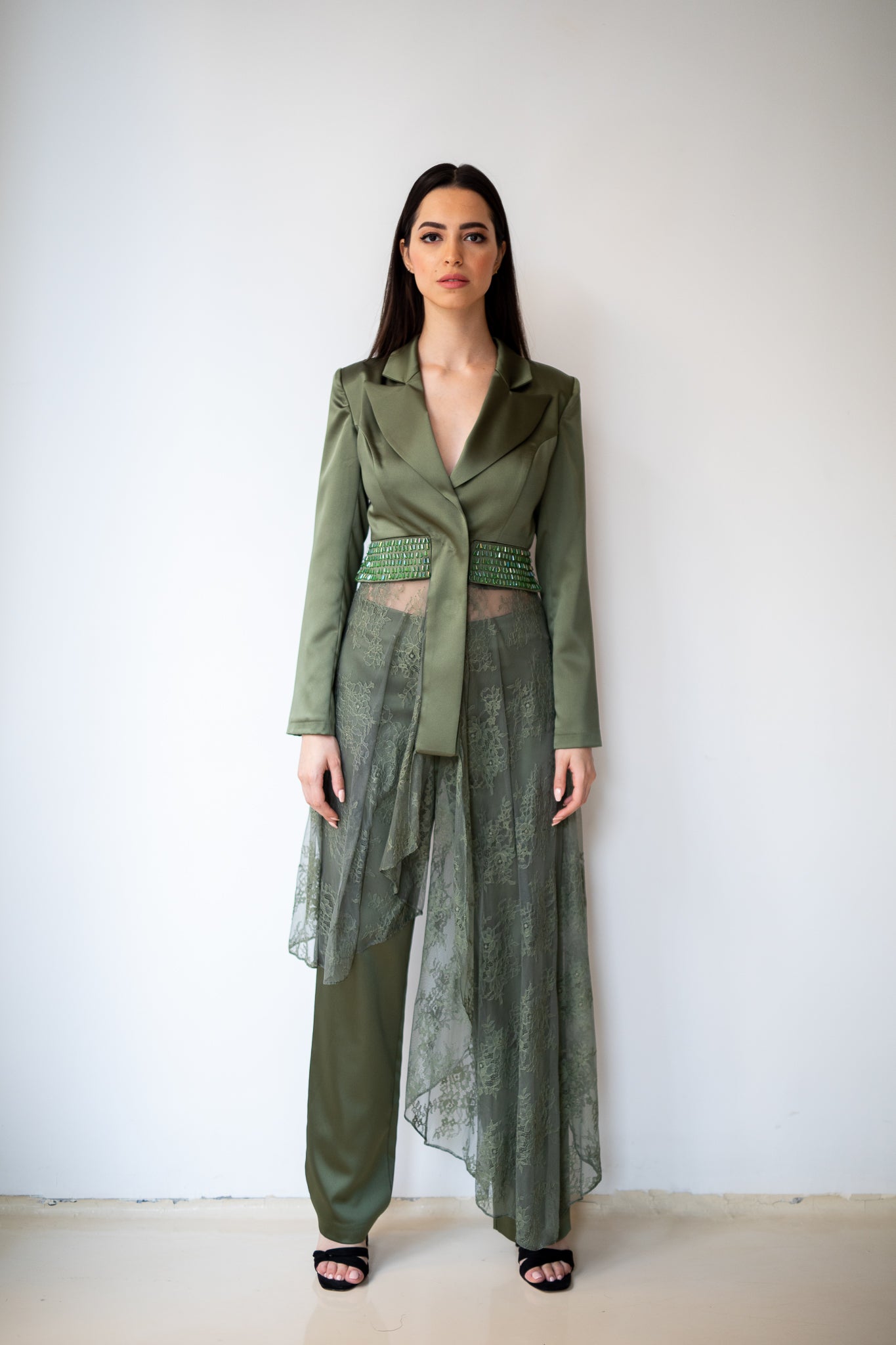 Satin And Dantelle Top And Pants in Olive Green
