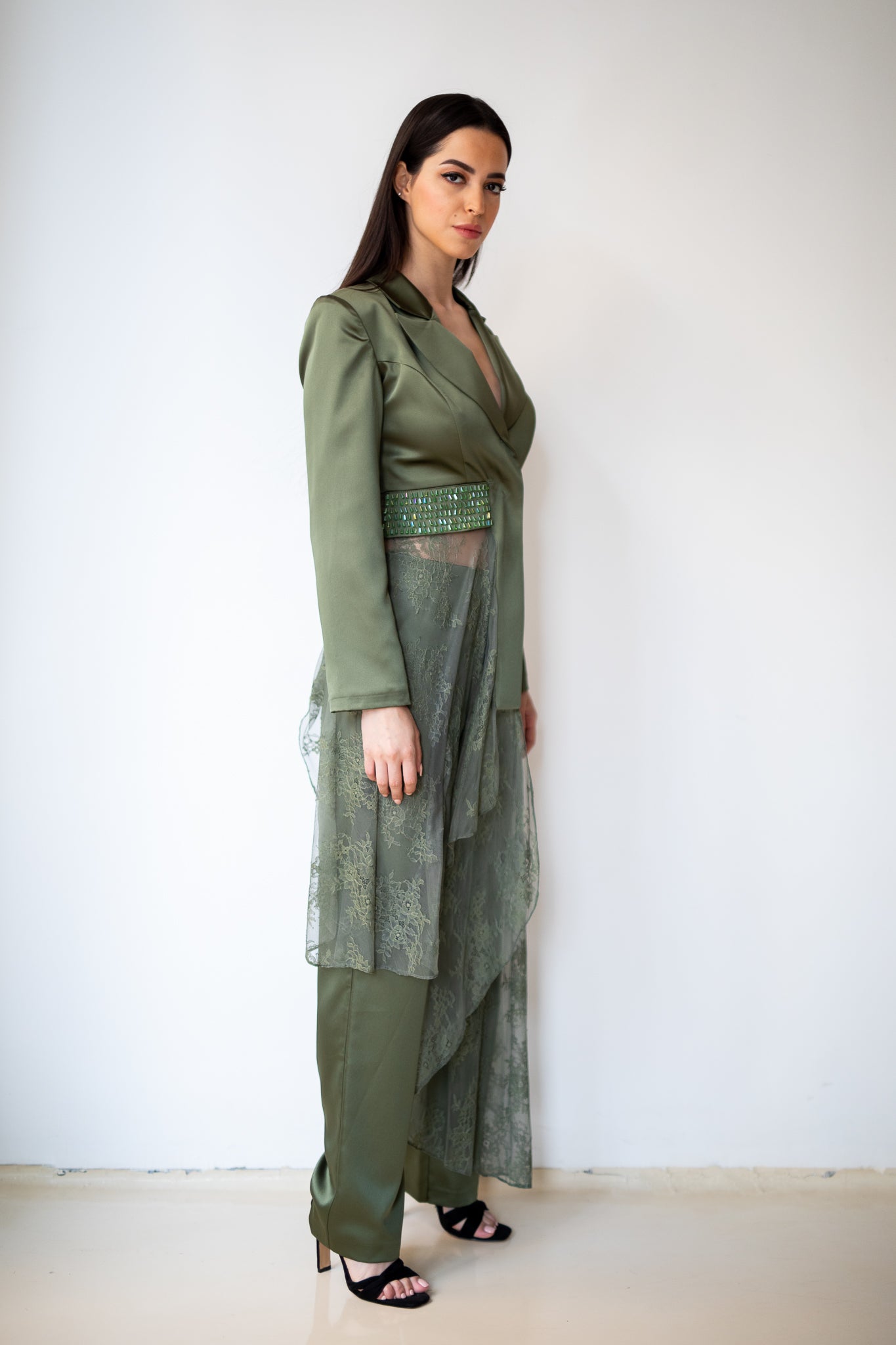 Satin And Dantelle Top And Pants in Olive Green