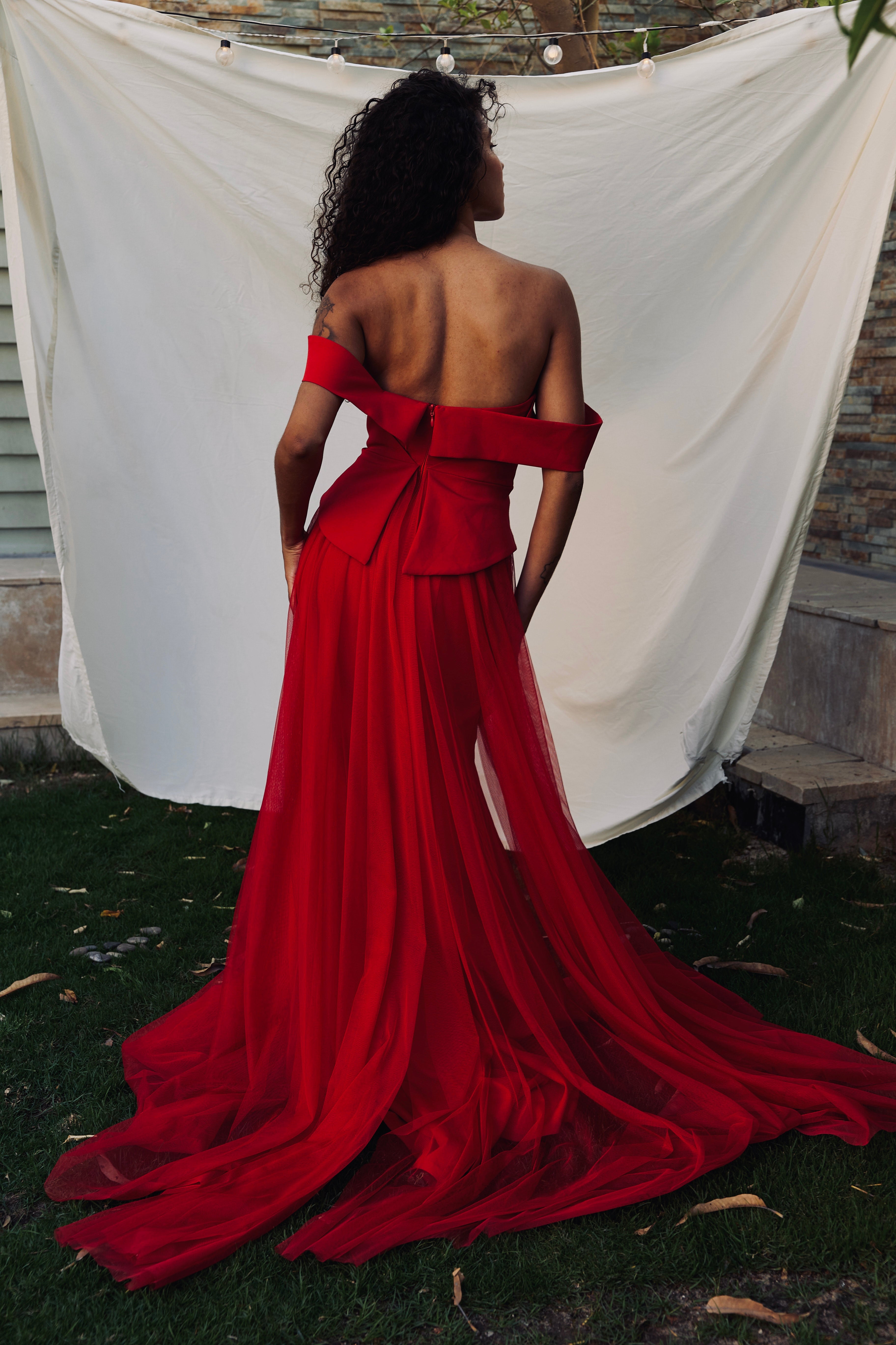 Off Shoulder Dress with Attached Overskirt