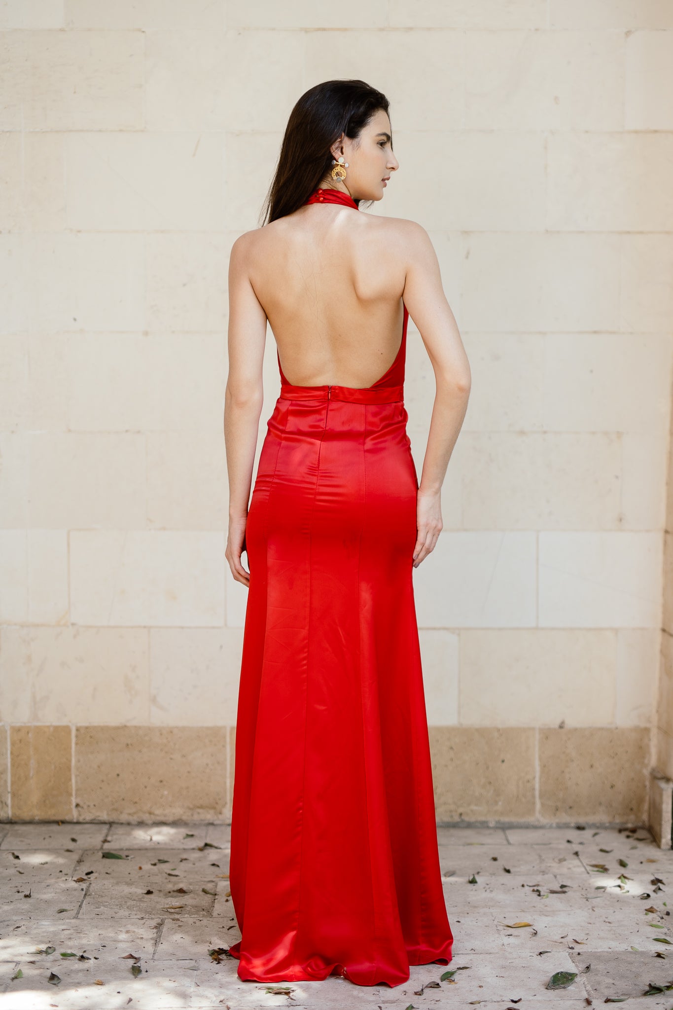 Halter neck satin dress in Red