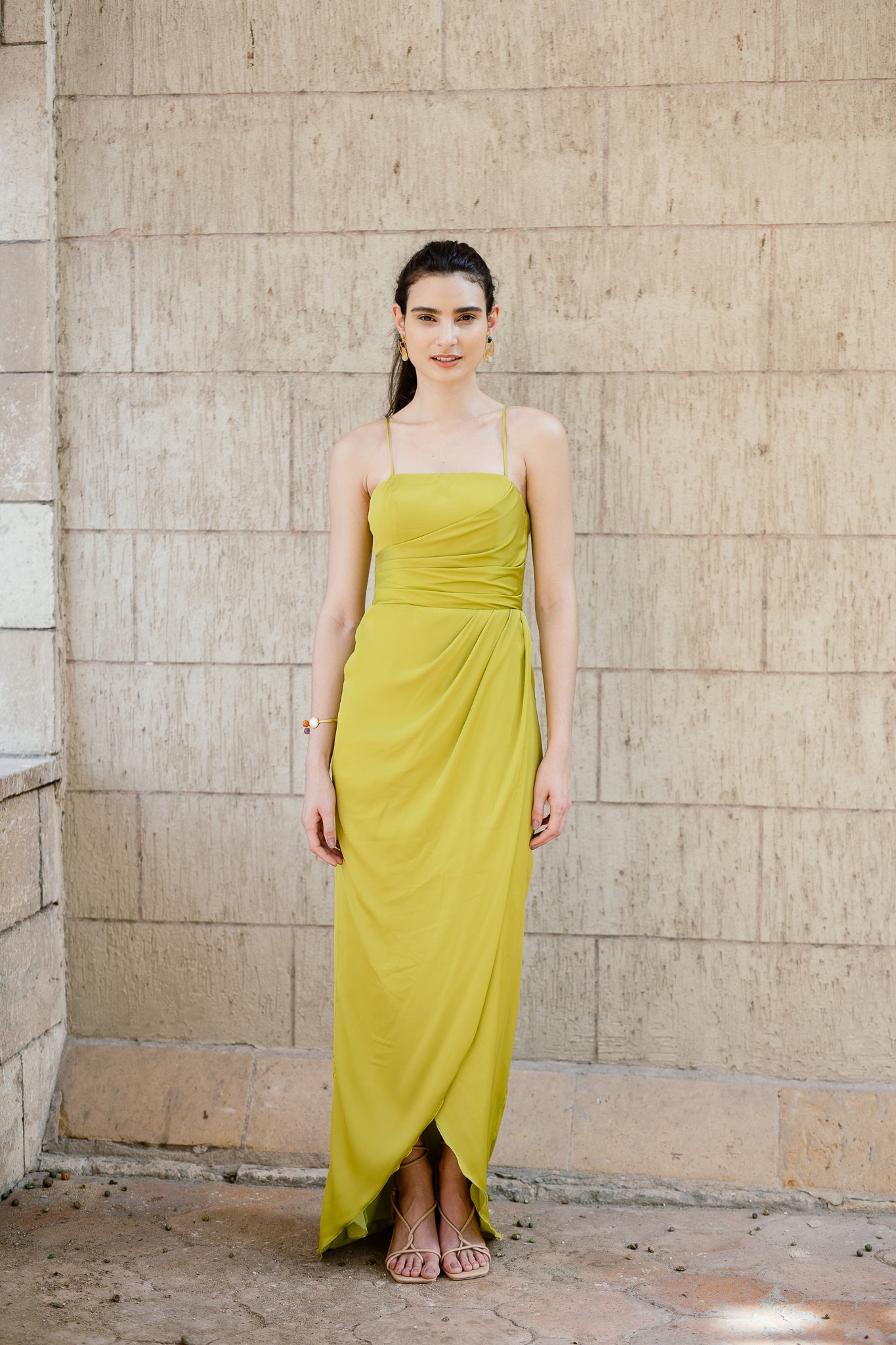 Long dress with slit in Lime Green