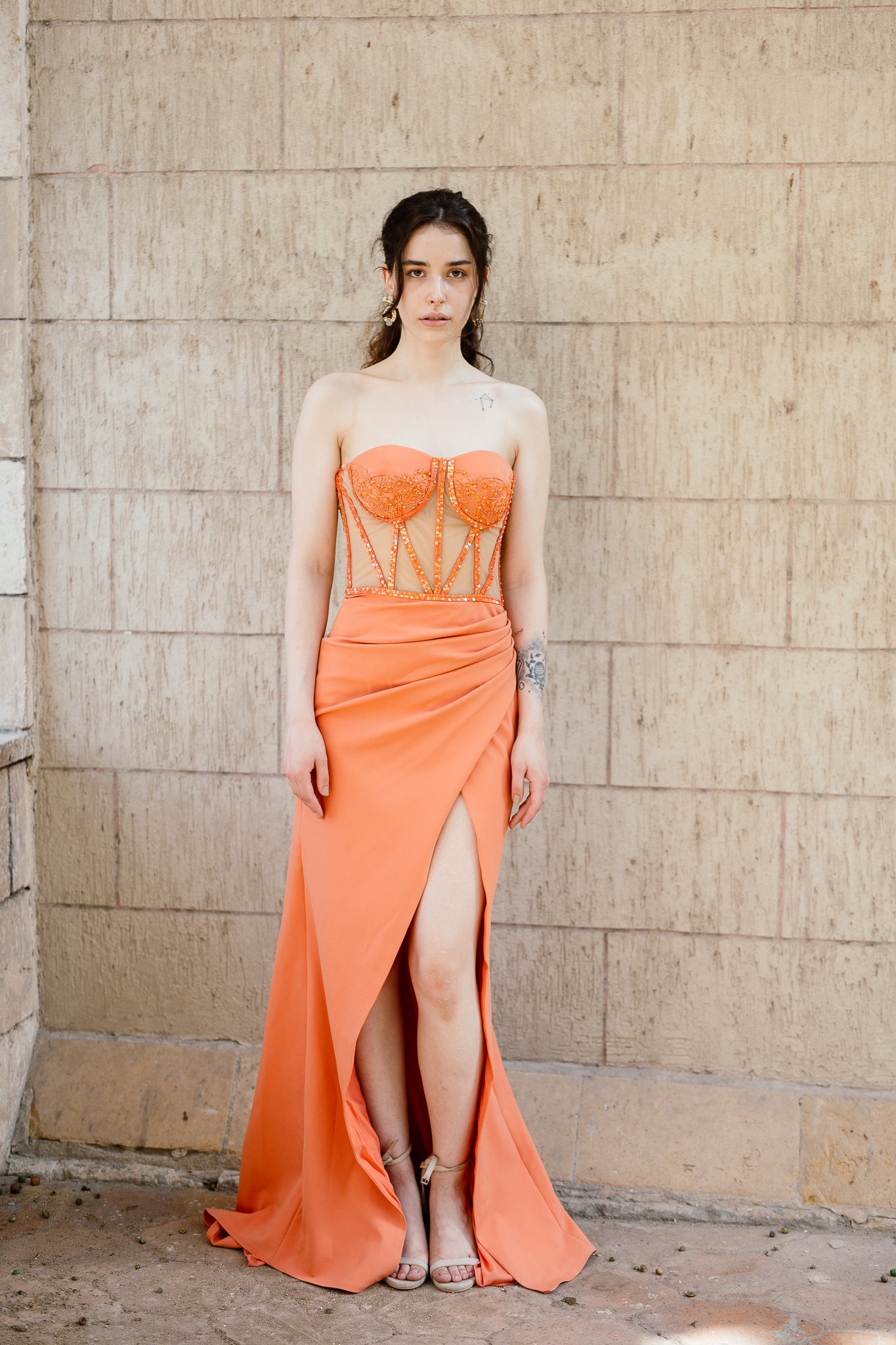 See through dress with slit in Orange