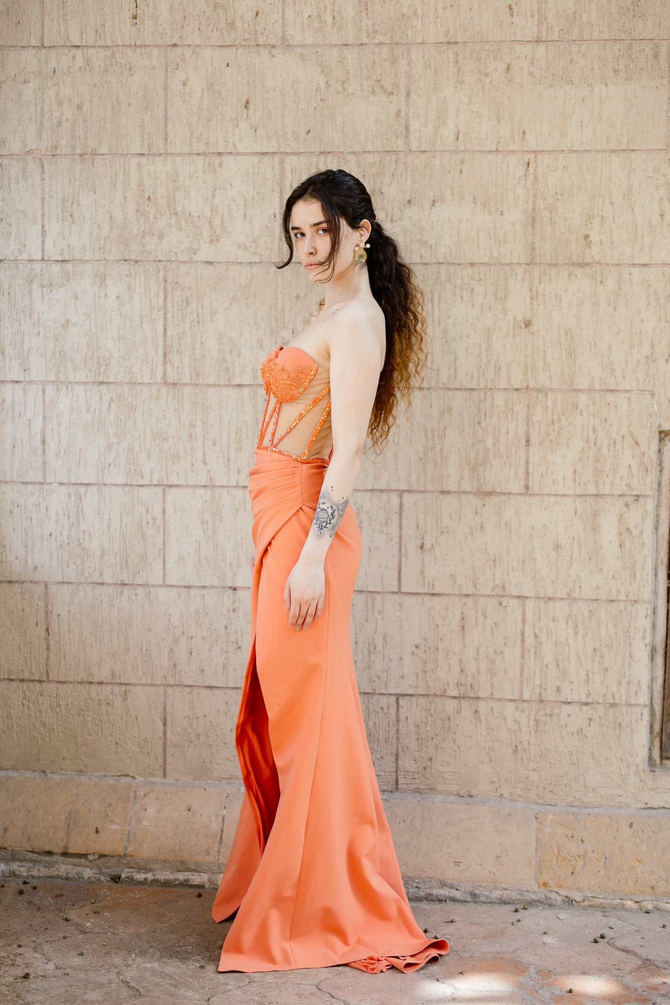 See through dress with slit in Orange