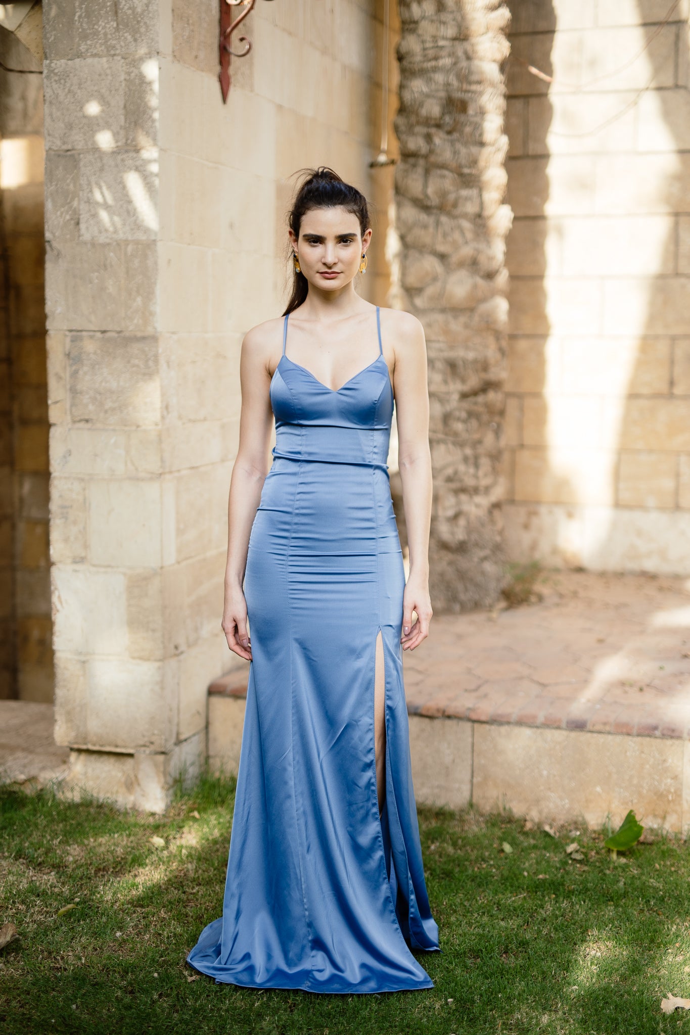 Satin long dress in Blue