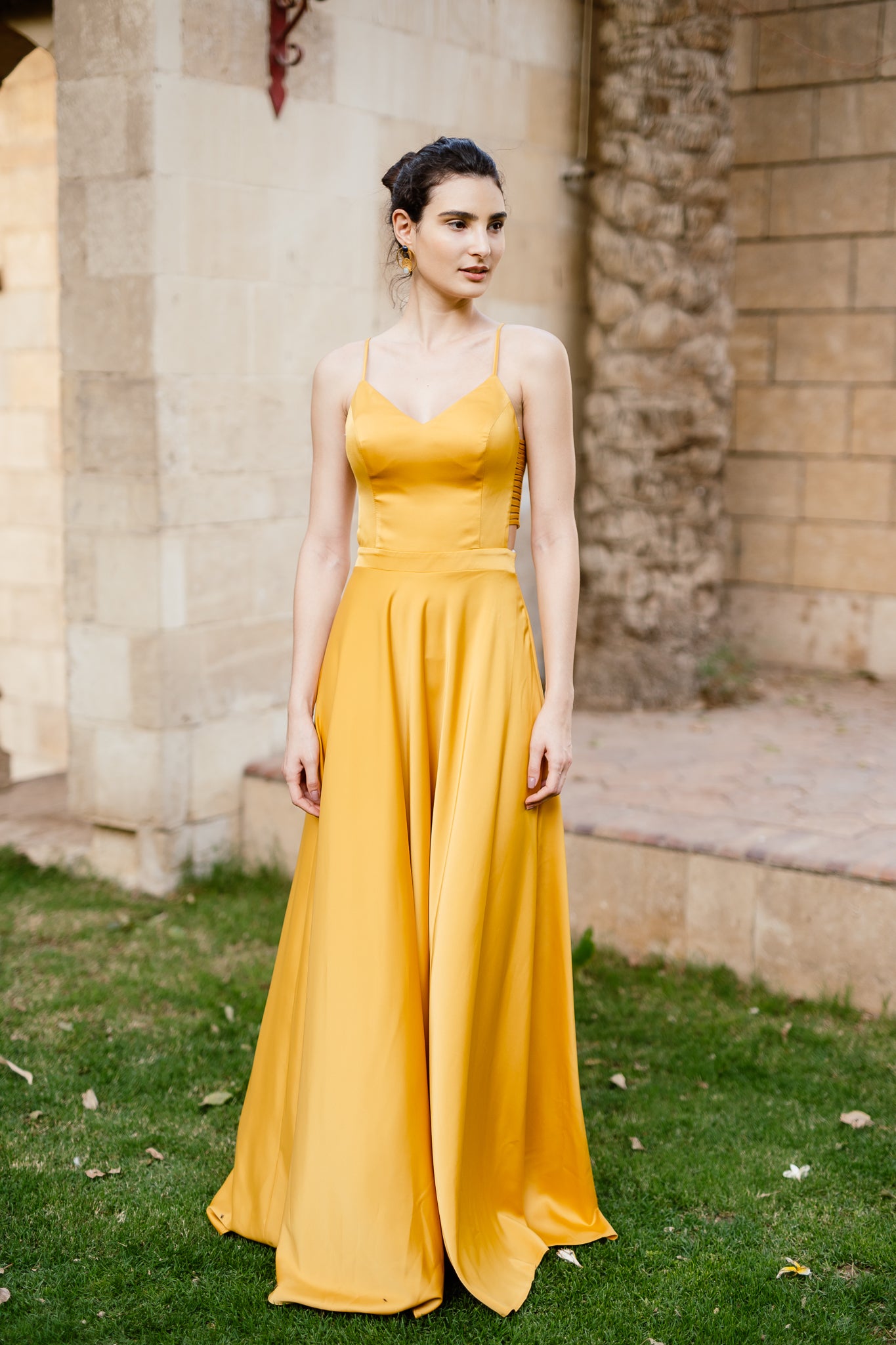 Long satin dress with slit in Mustard