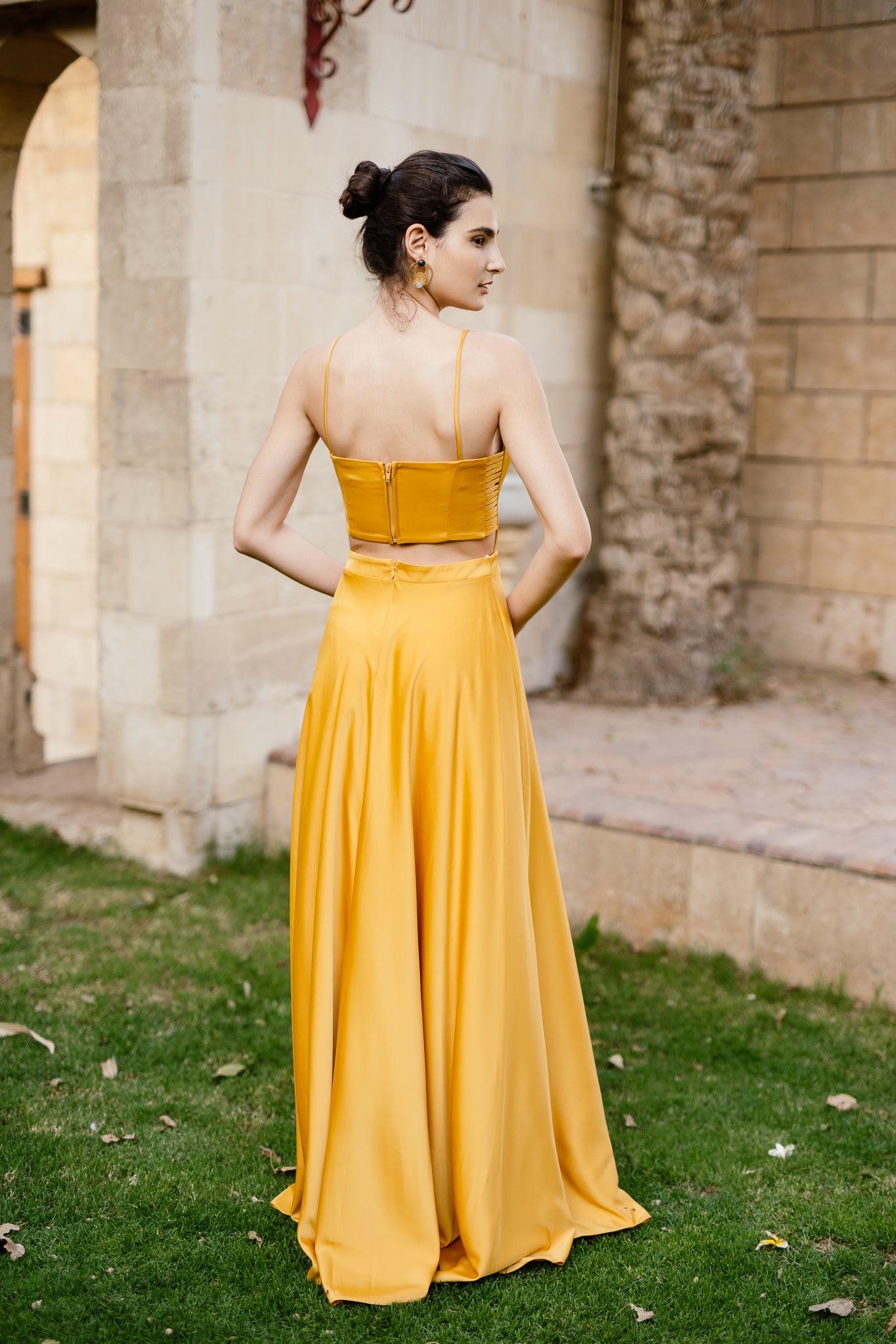 Long satin dress with slit in Mustard
