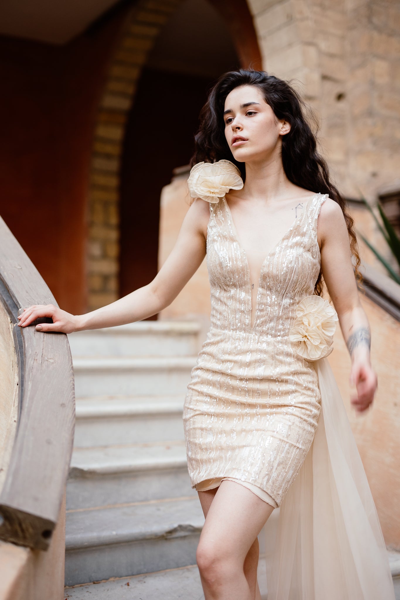 High low embroidered gown in Gold