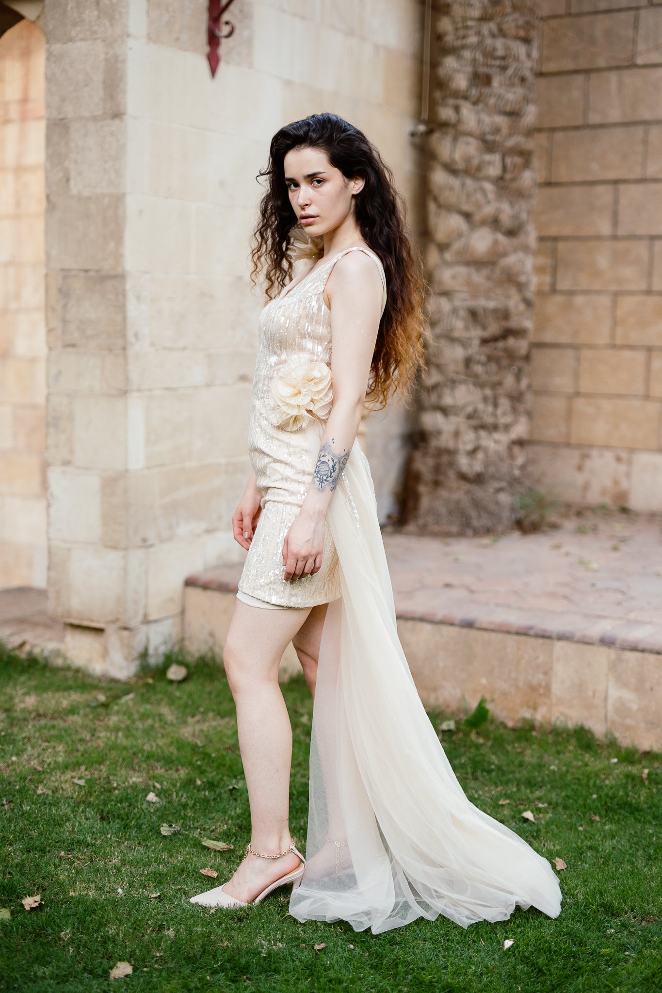 High low embroidered gown in Gold
