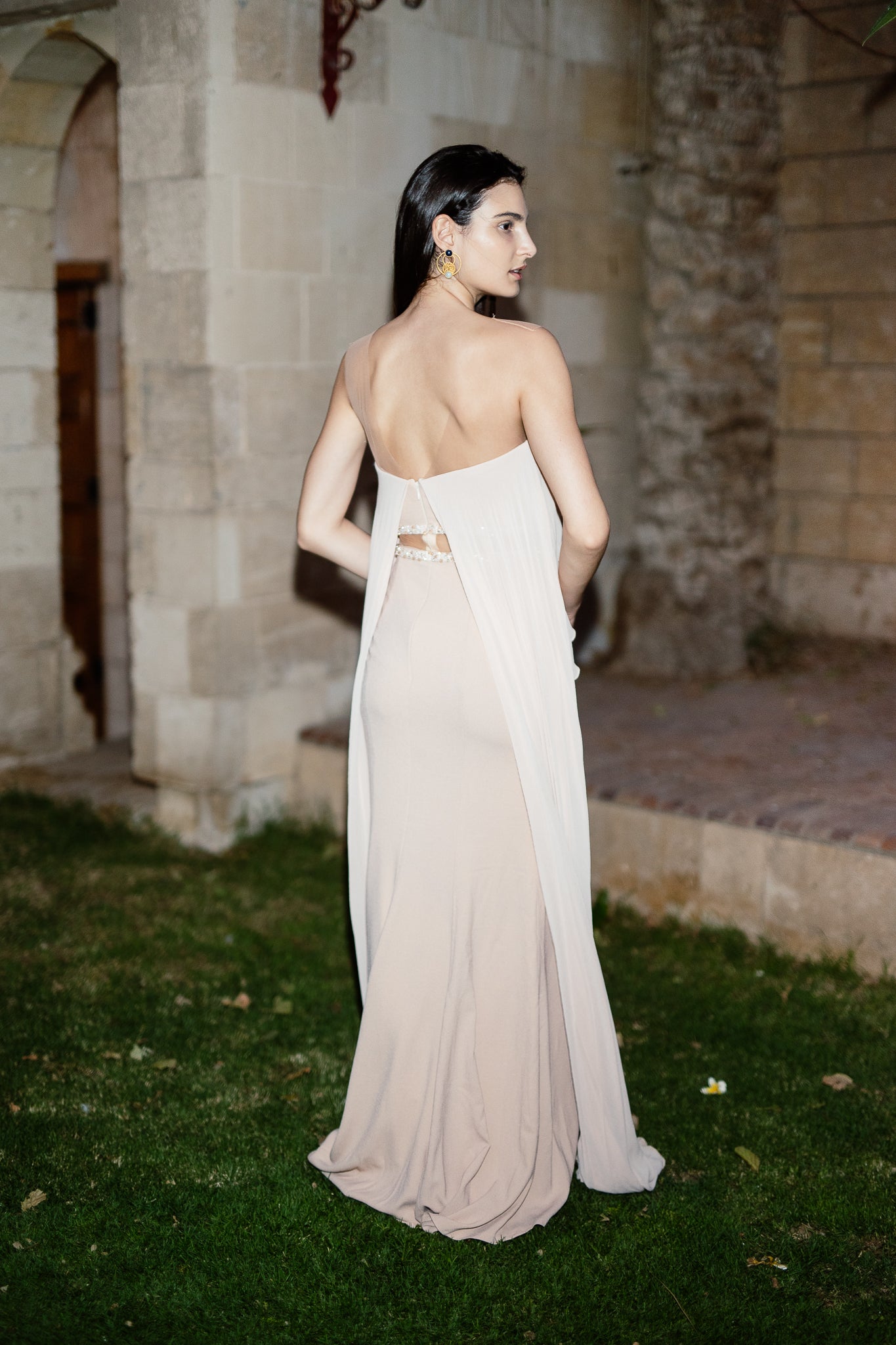 Chiffon and crepe long dress in Nude