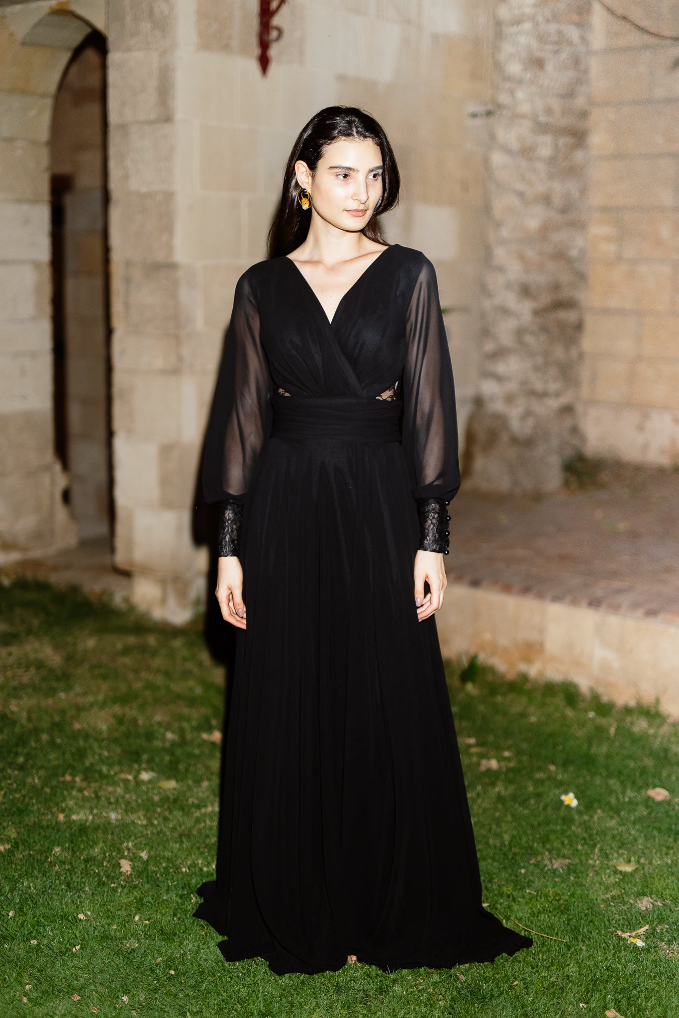 See through long dress with sleeves in Black